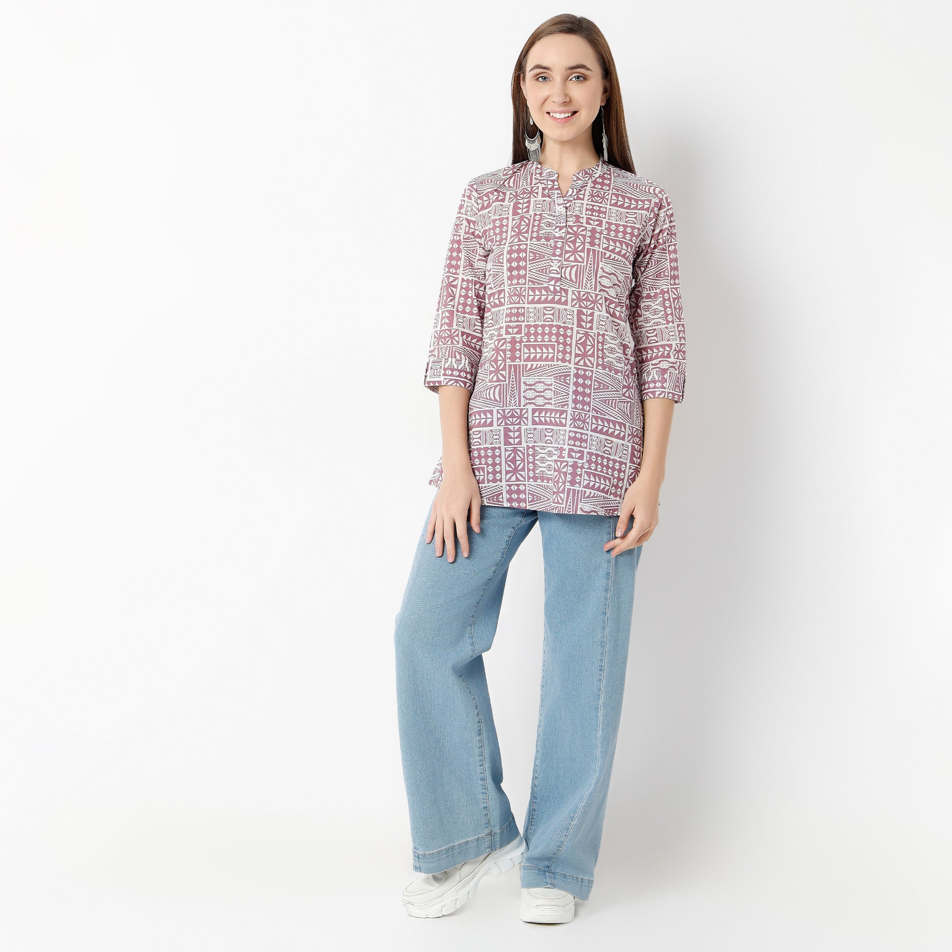 Straight Fit Printed Band Neck Kurta