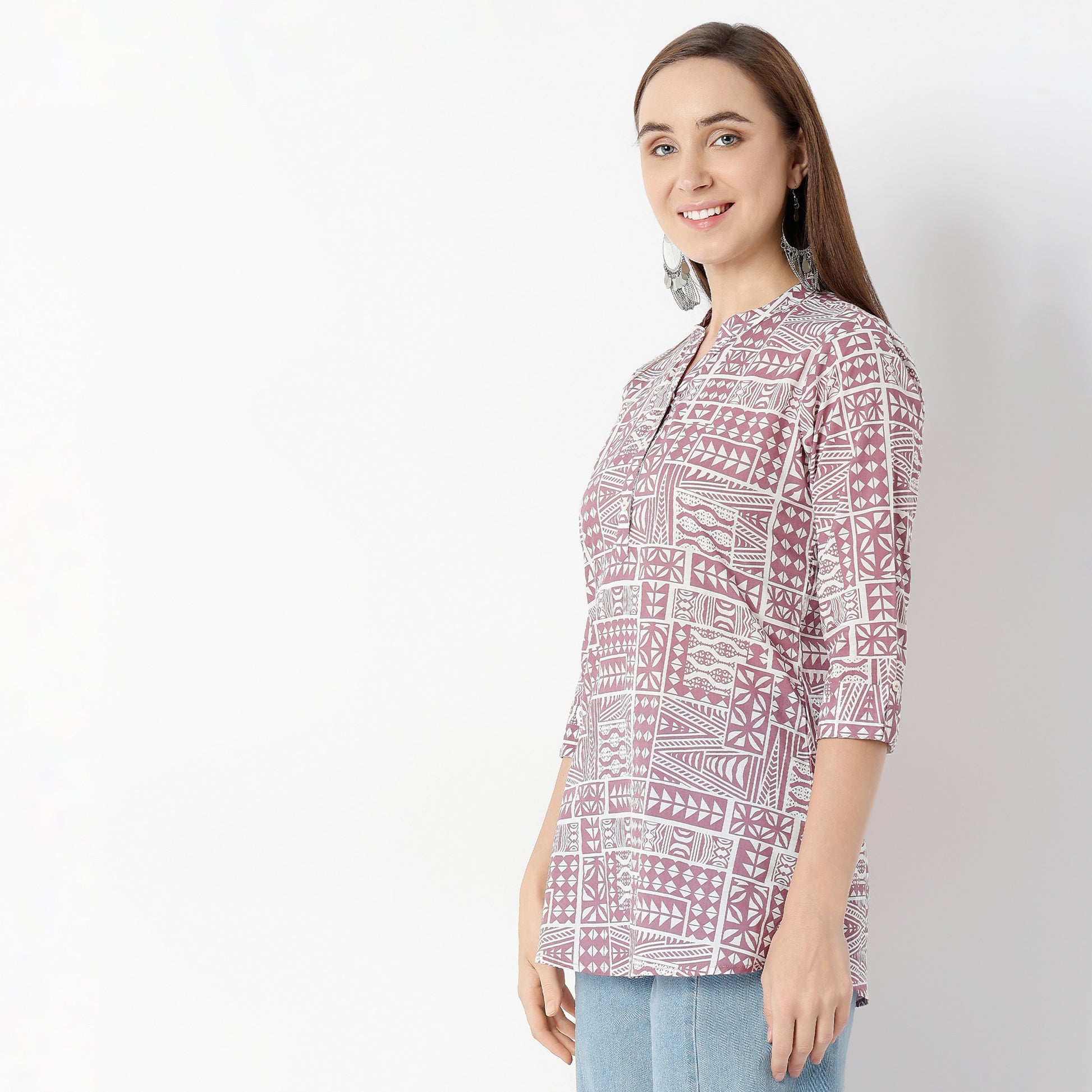 Straight Fit Printed Band Neck Kurta