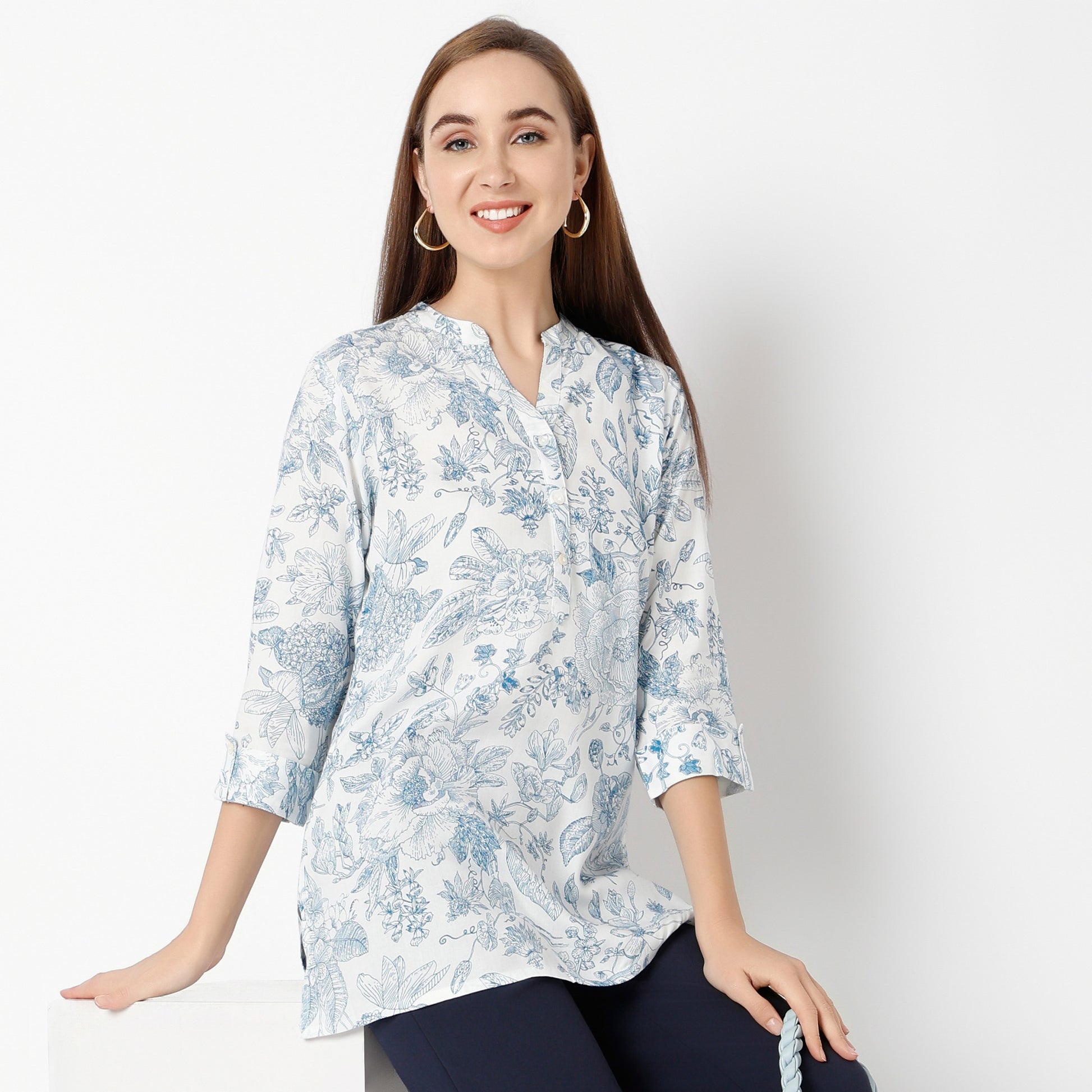 Straight Fit Printed Band Neck Kurta