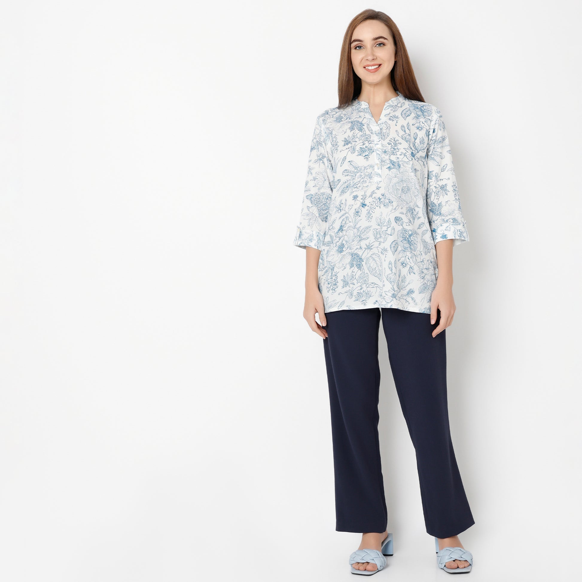 Straight Fit Printed Band Neck Kurta