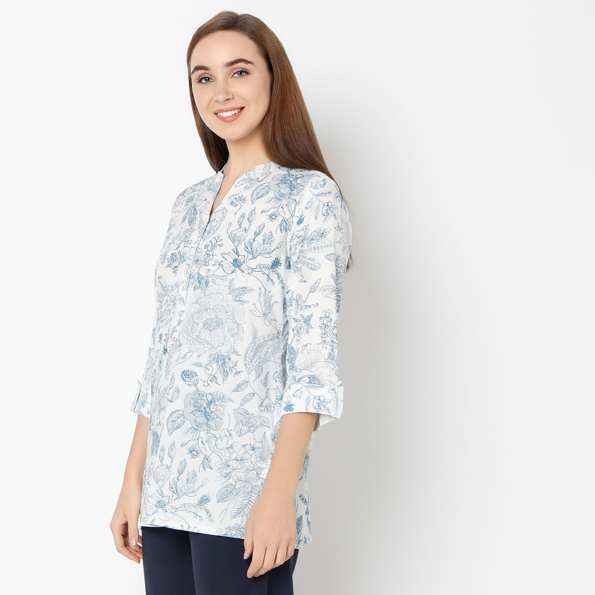 Straight Fit Printed Band Neck Kurta