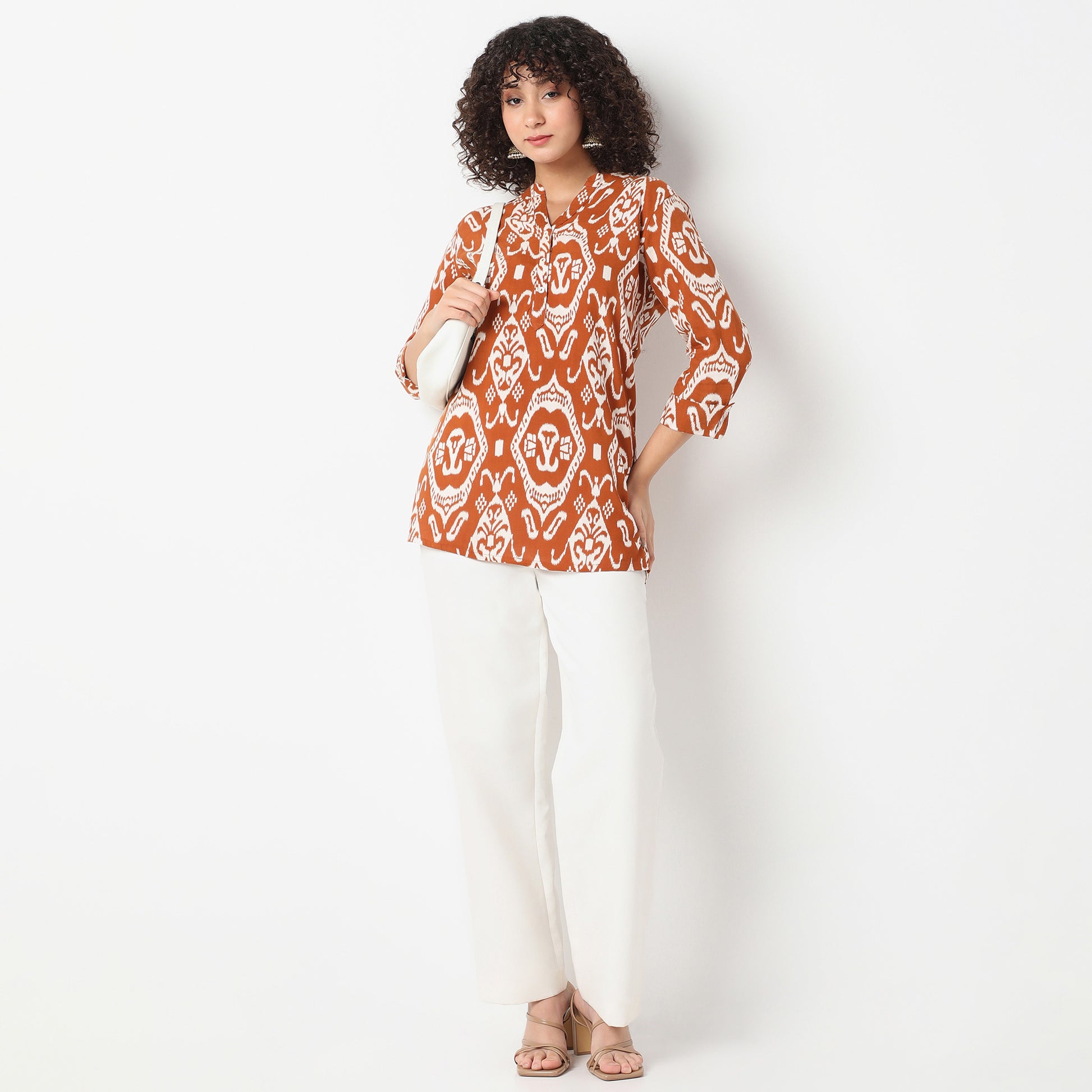 Straight Fit Printed Band Neck Kurta