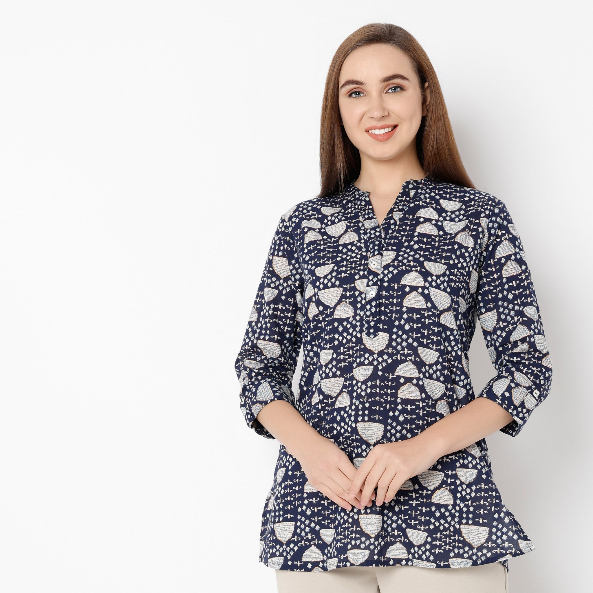 Straight Fit Printed Band Neck Kurta