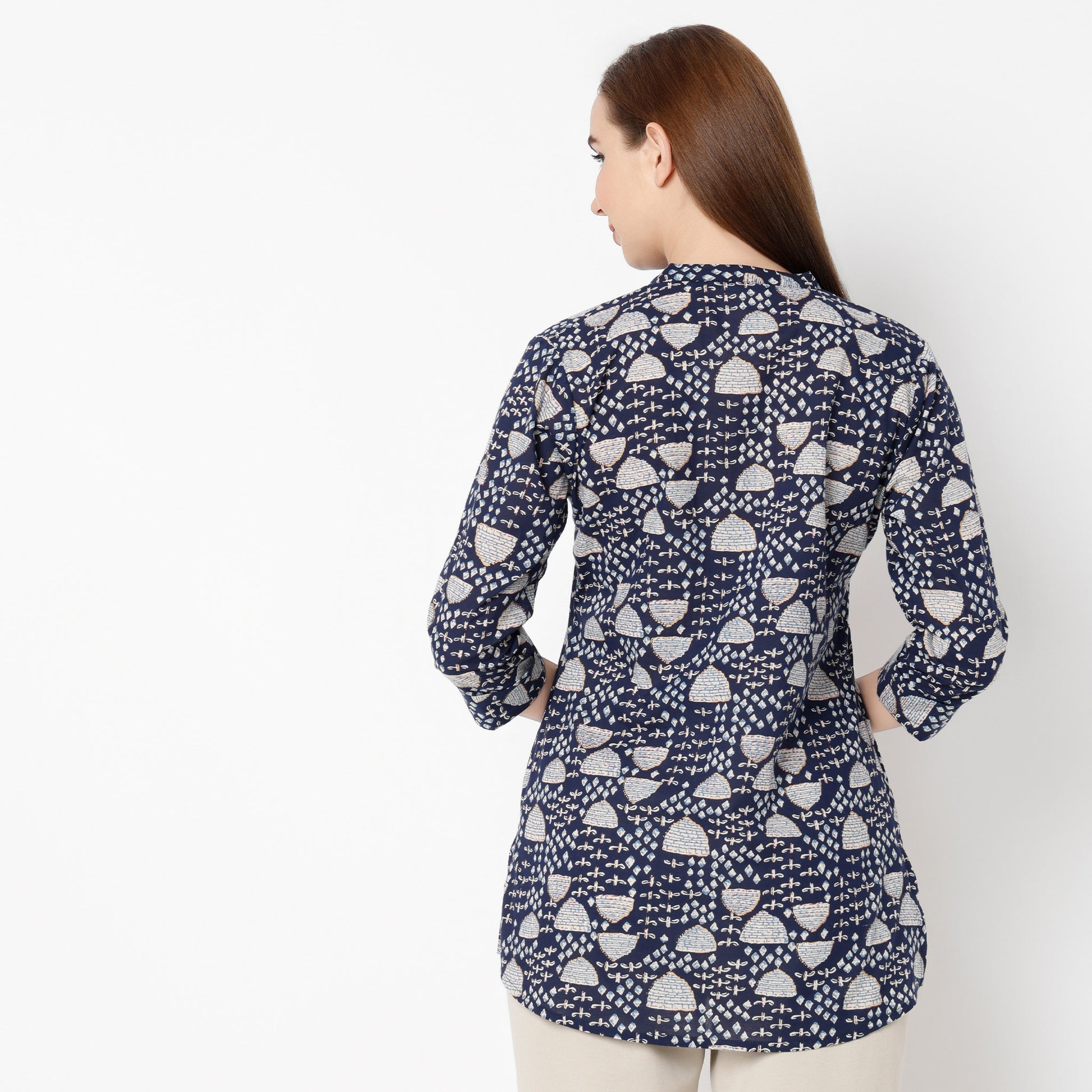 Straight Fit Printed Band Neck Kurta