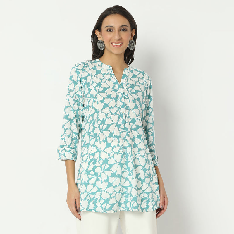 Straight Fit Printed Band Collar Above Knee Kurta