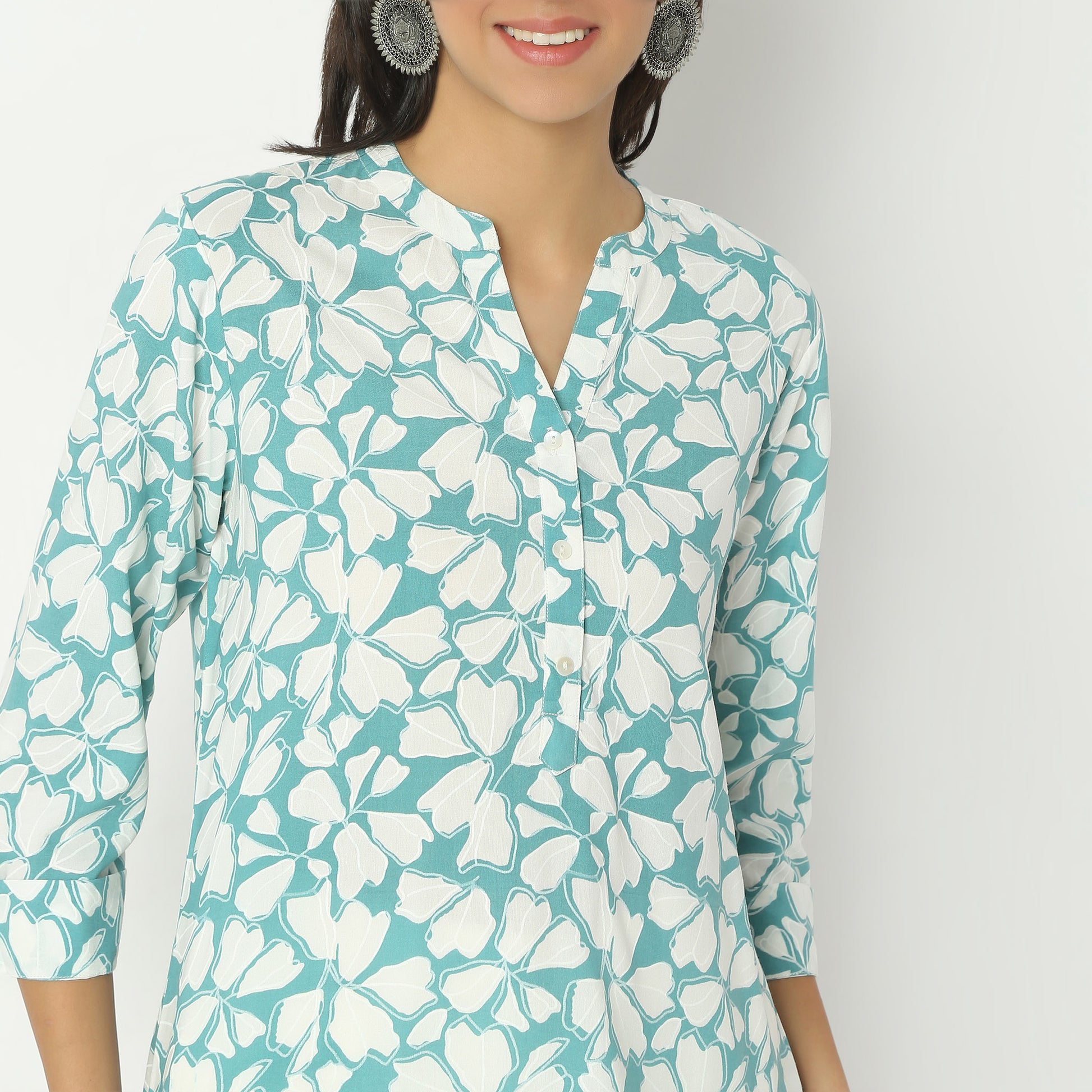 Straight Fit Printed Band Collar Above Knee Kurta
