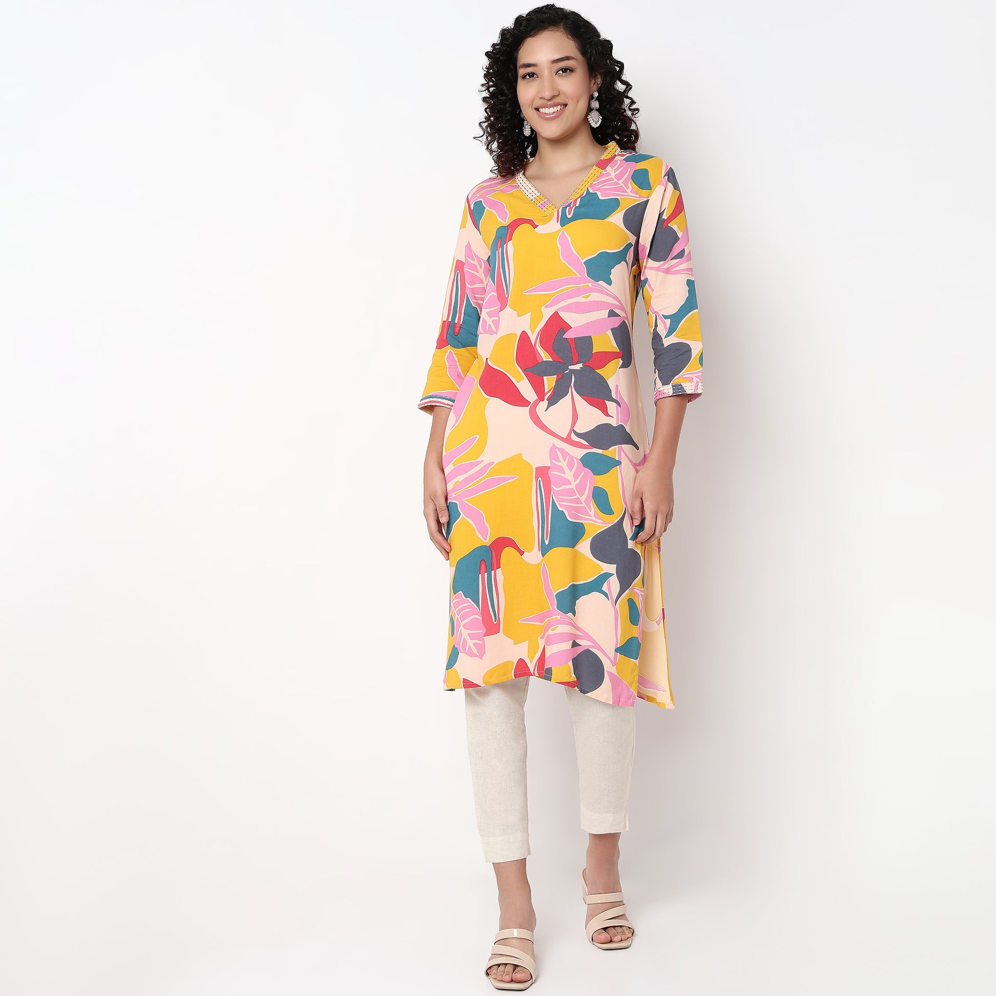 V-Neck Printed Calf Length Straight Kurta