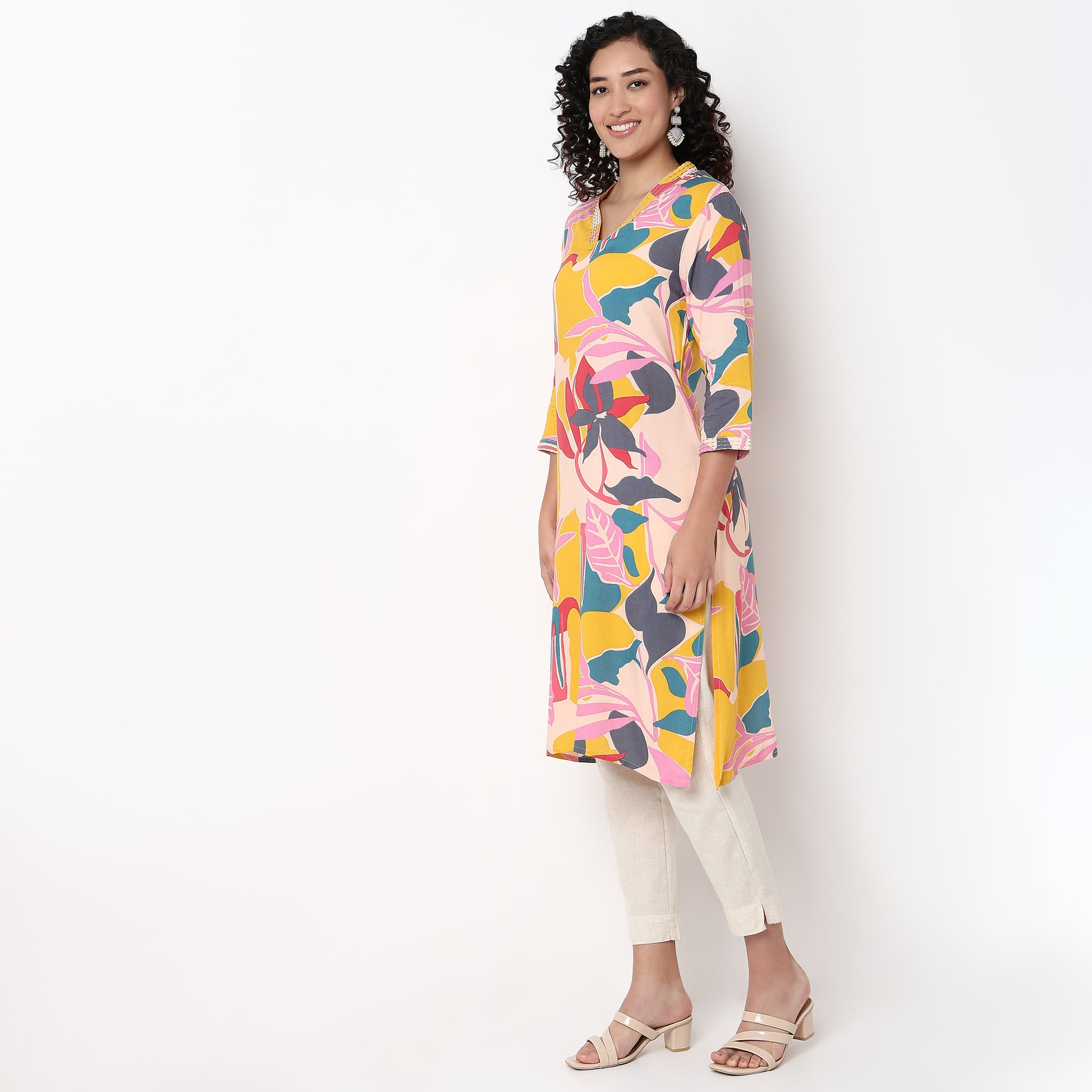 V-Neck Printed Calf Length Straight Kurta