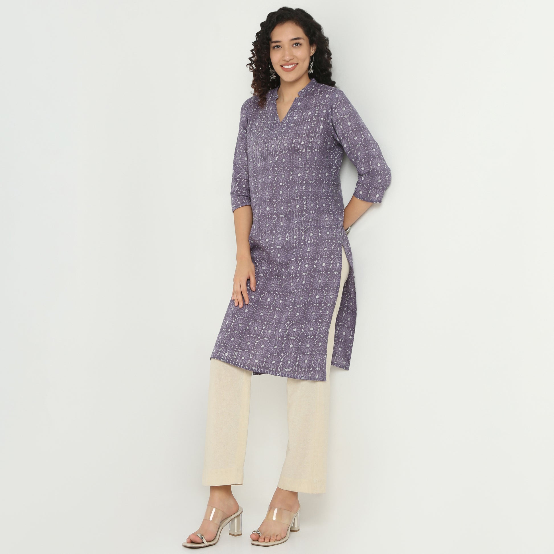 V-Neck Long Kurta With Notched Collar