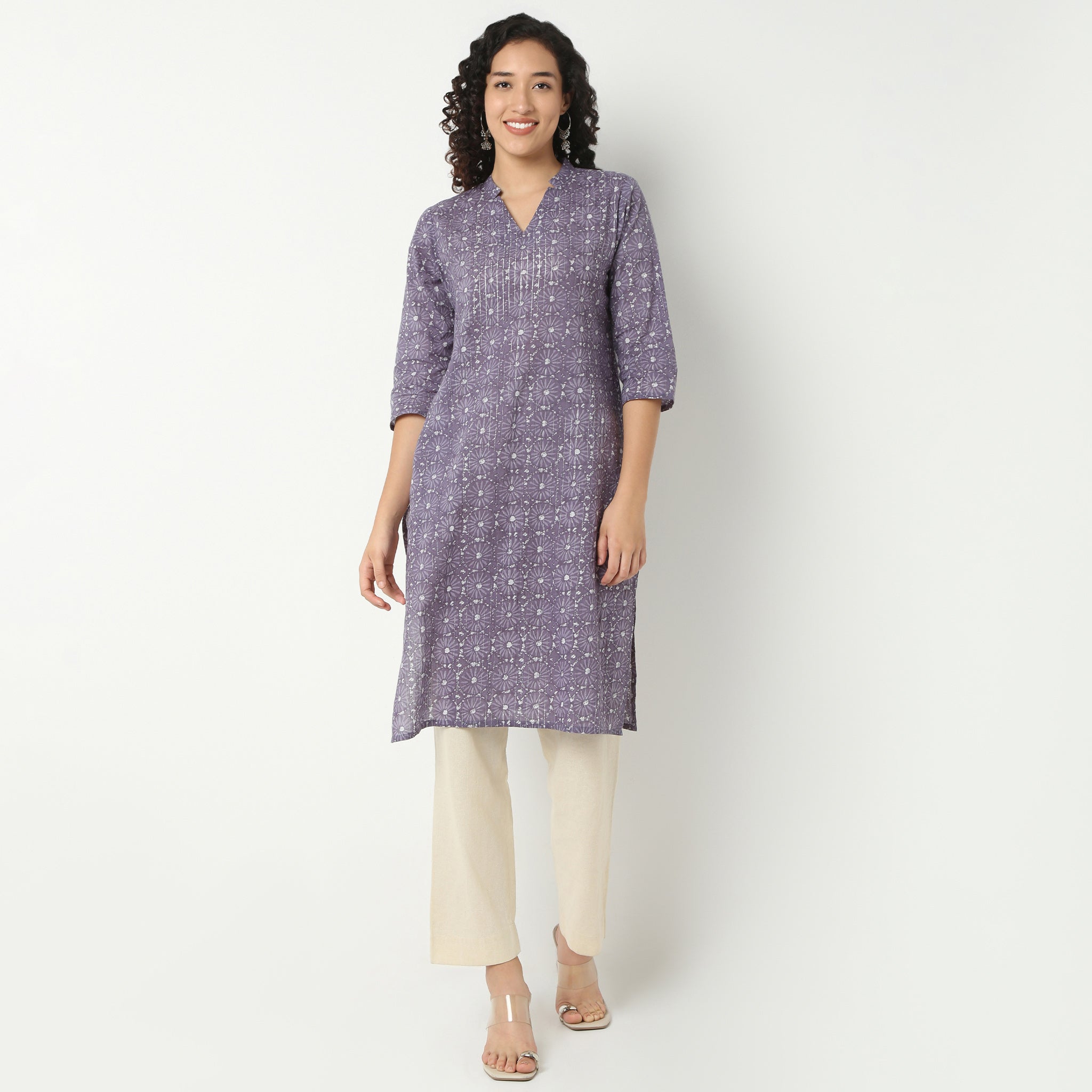 V-Neck Long Kurta With Notched Collar