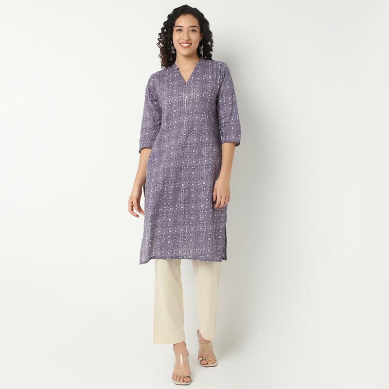 V-Neck Long Kurta With Notched Collar
