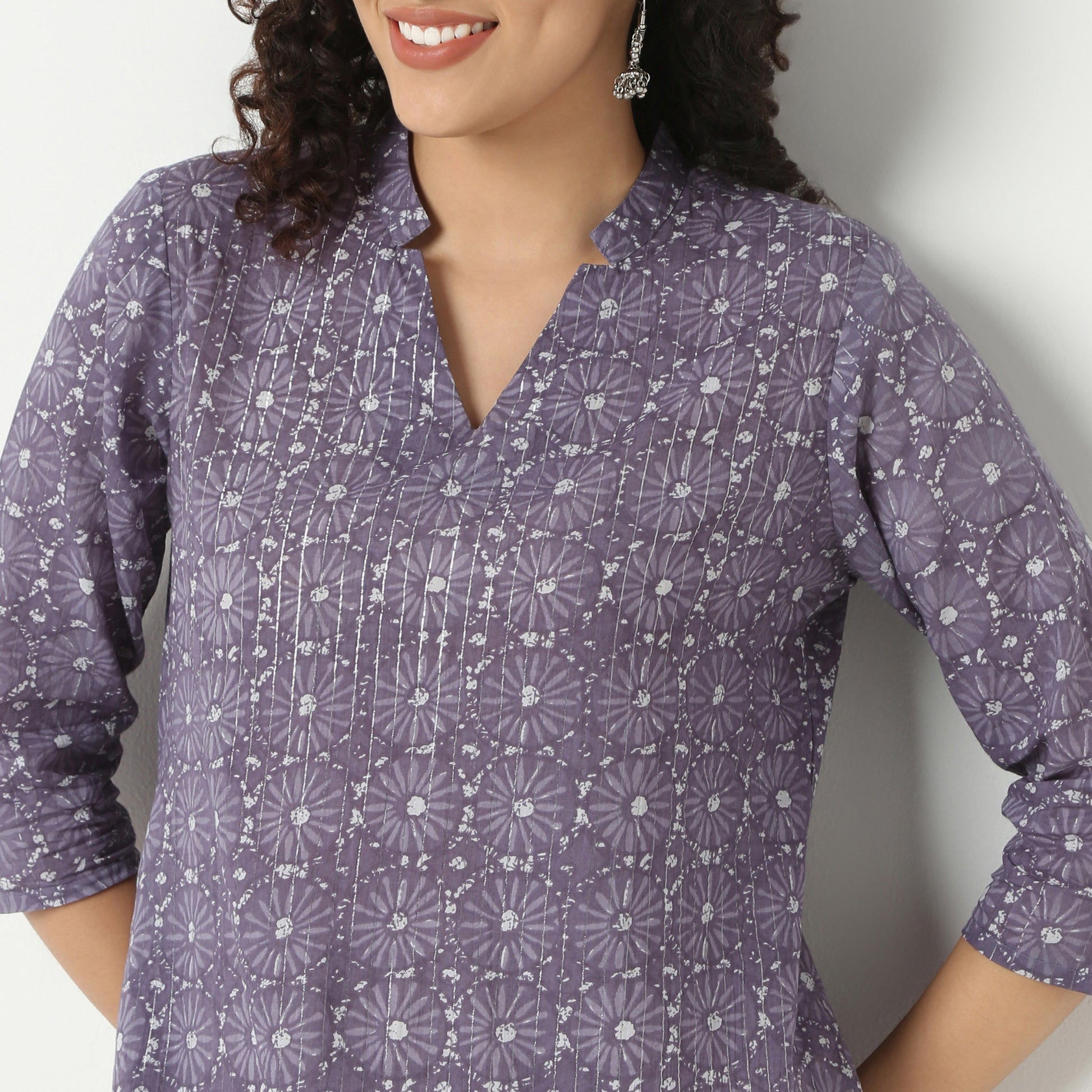 V-Neck Long Kurta With Notched Collar