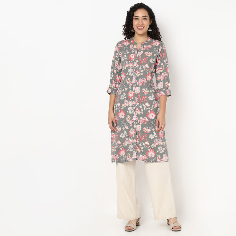 Full Placket Printed Long Kurta
