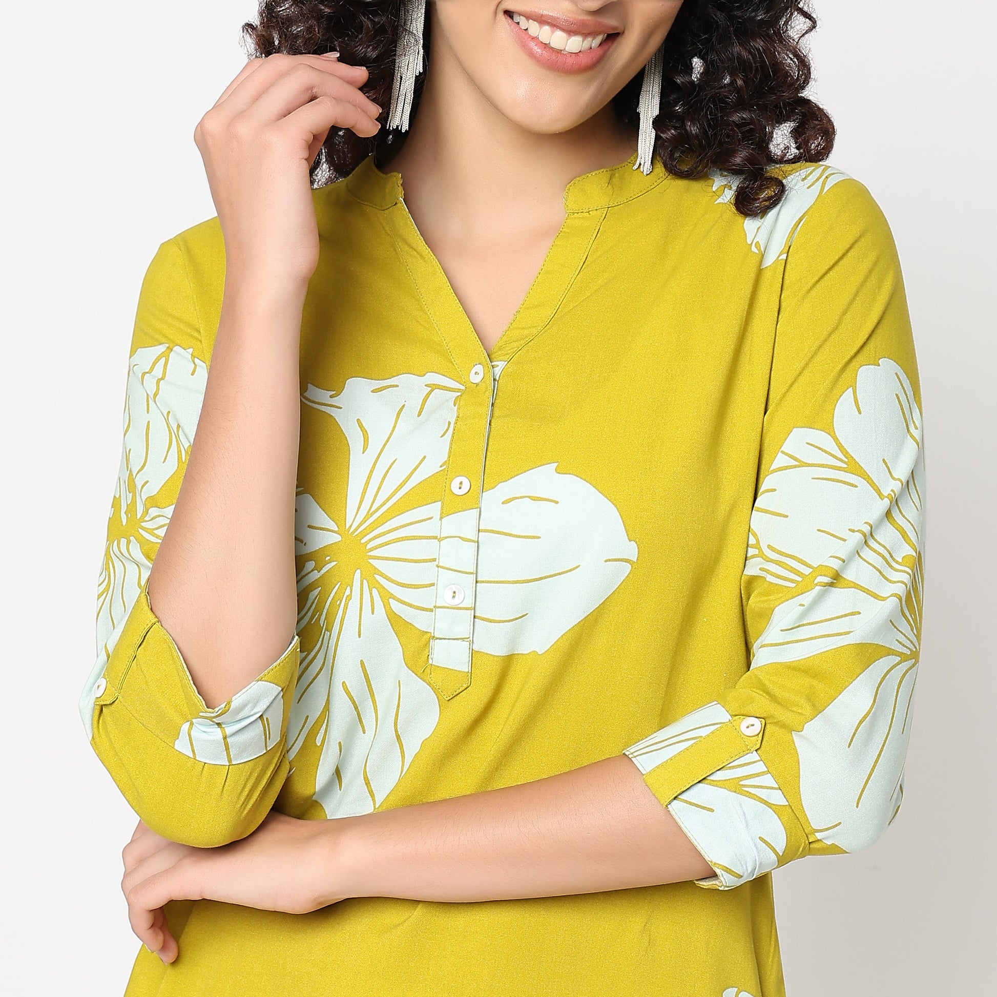 Straight Fit Band Collar Printed Half Placket Kurta