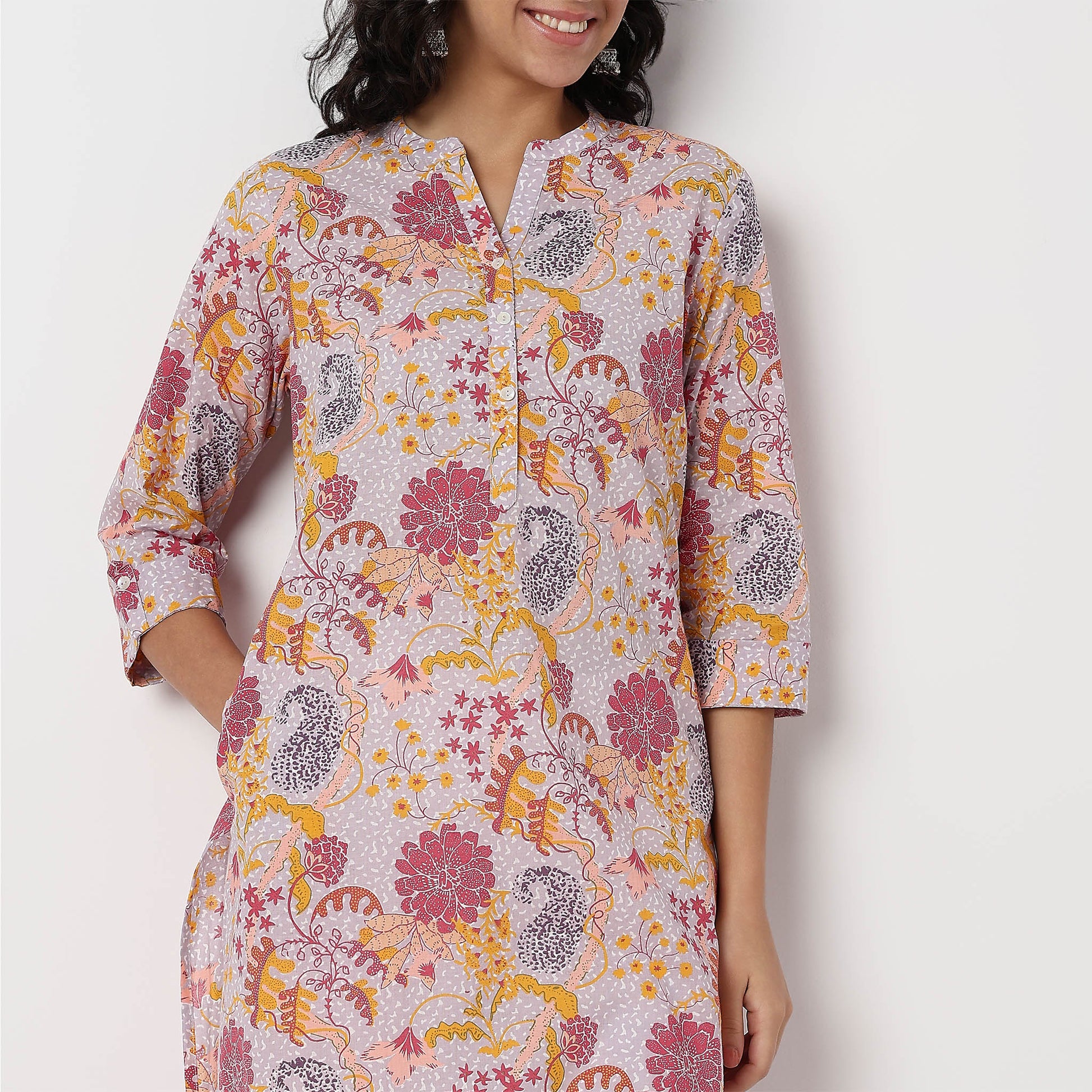 Floral Print Band Neck Half Placket Kurta