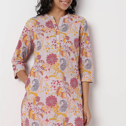 Floral Print Band Neck Half Placket Kurta