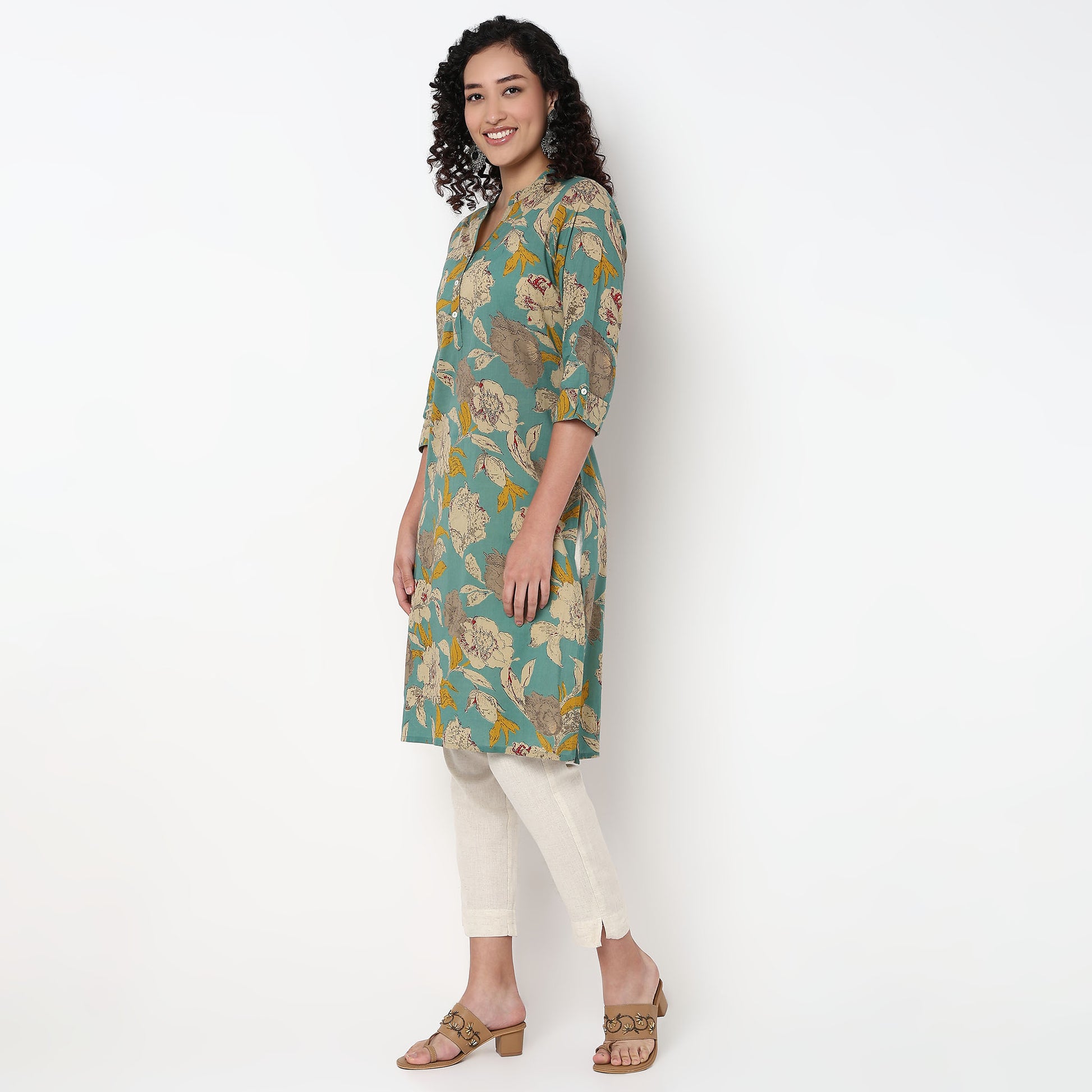 Floral Print Band Neck Half Placket Kurta