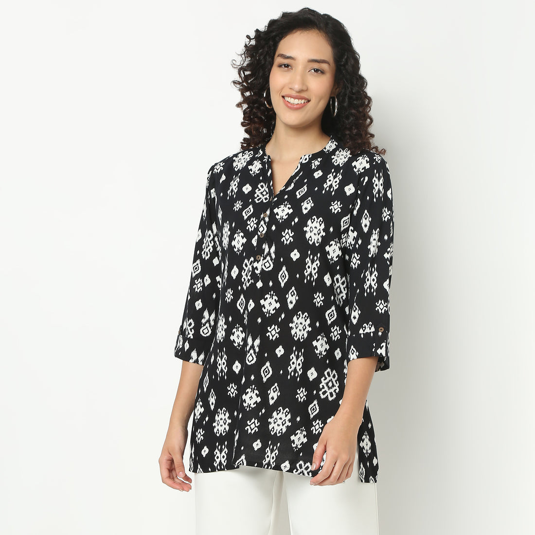 Straight Fit Printed Band Collar Short Kurta