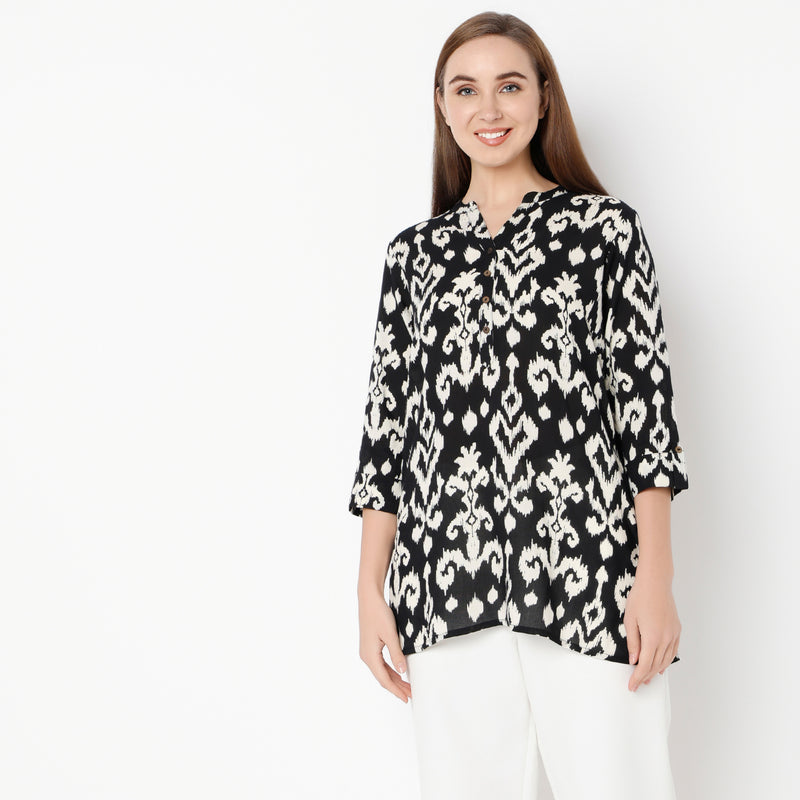 Straight Fit Printed Band Collar Kurta