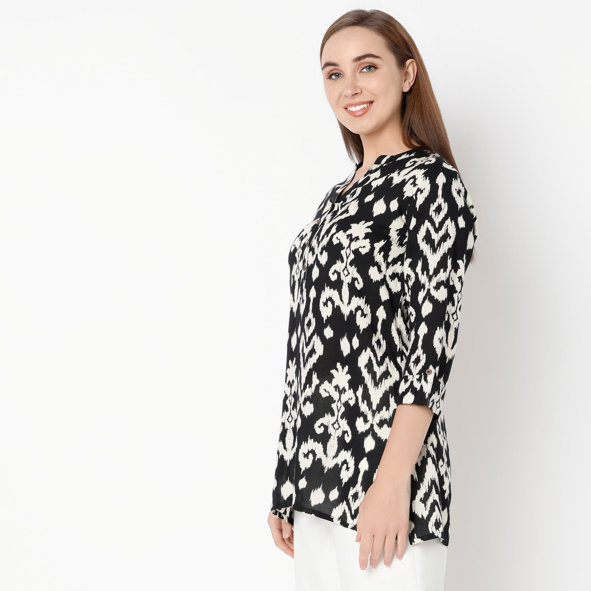 Straight Fit Printed Band Collar Kurta