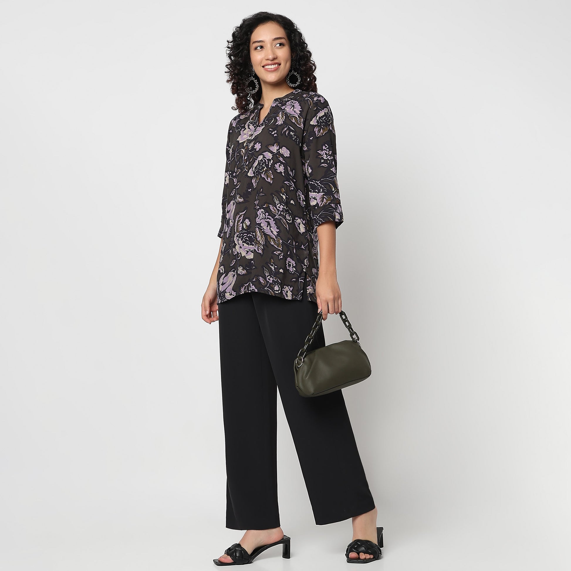 Straight Fit Printed Band Neck Short Kurta