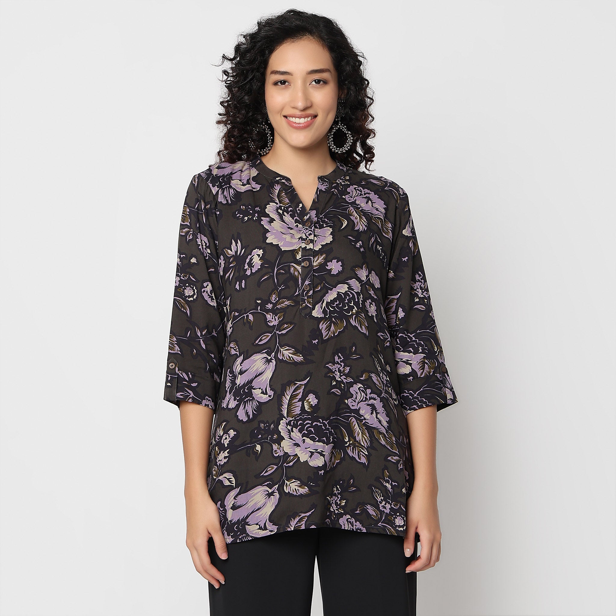 Straight Fit Printed Band Neck Short Kurta