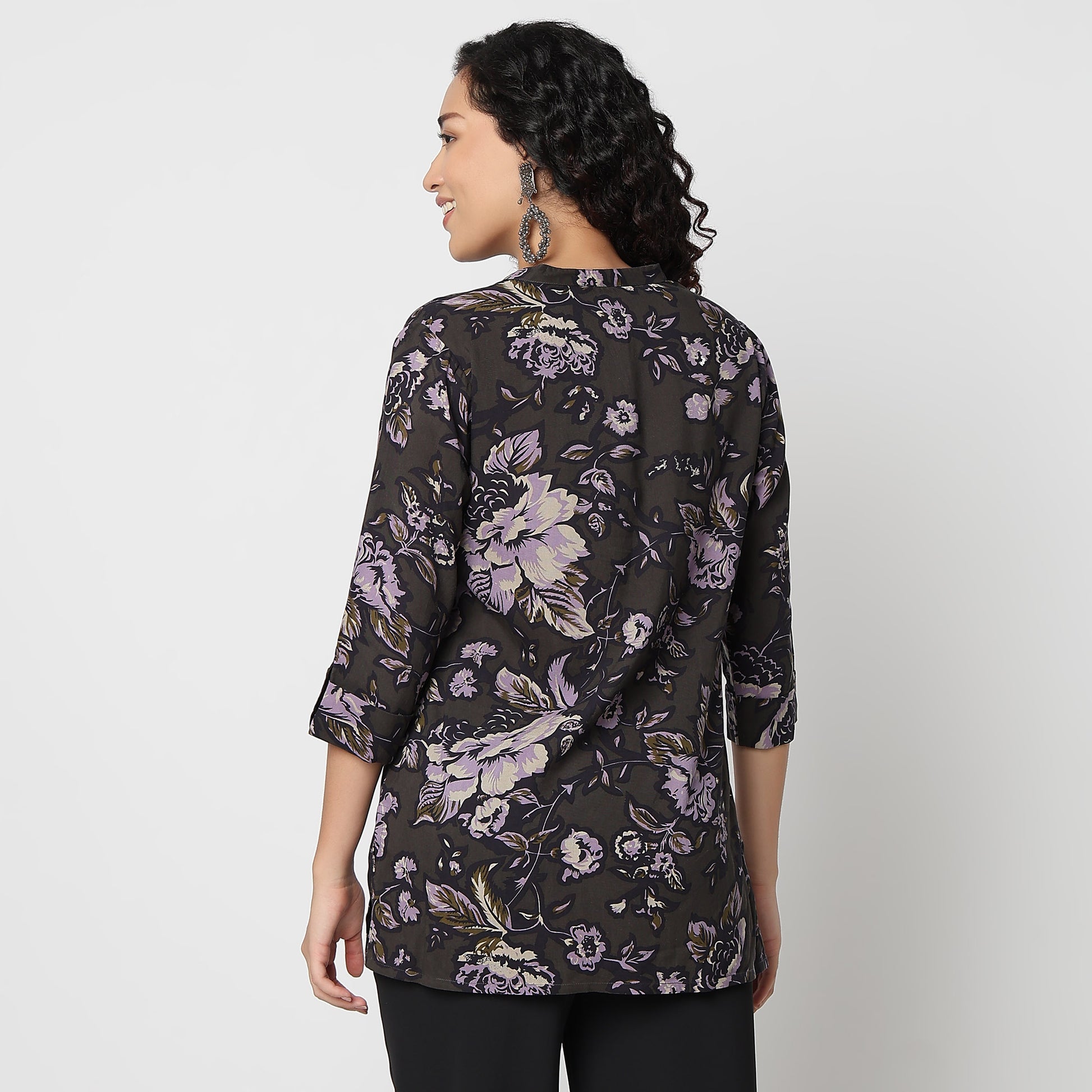 Straight Fit Printed Band Neck Short Kurta