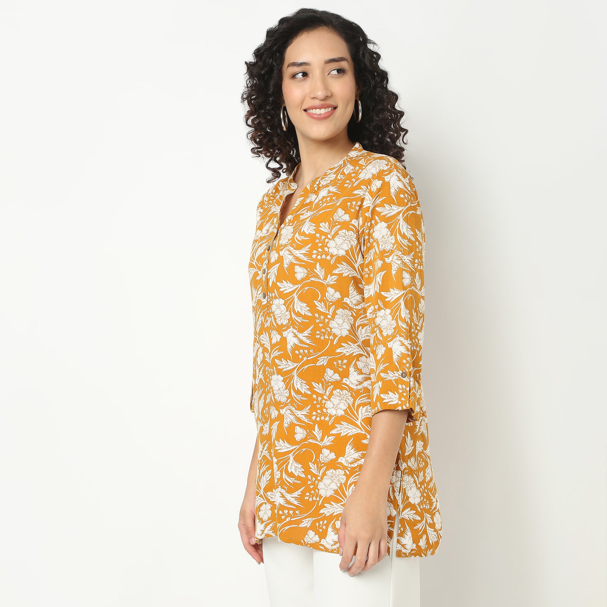 Straight Fit Printed Band Neck Short Kurta