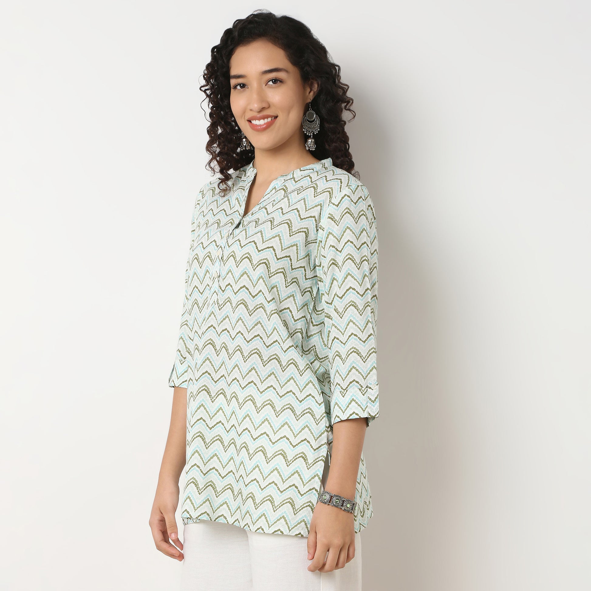 Band Neck Printed Short Kurti