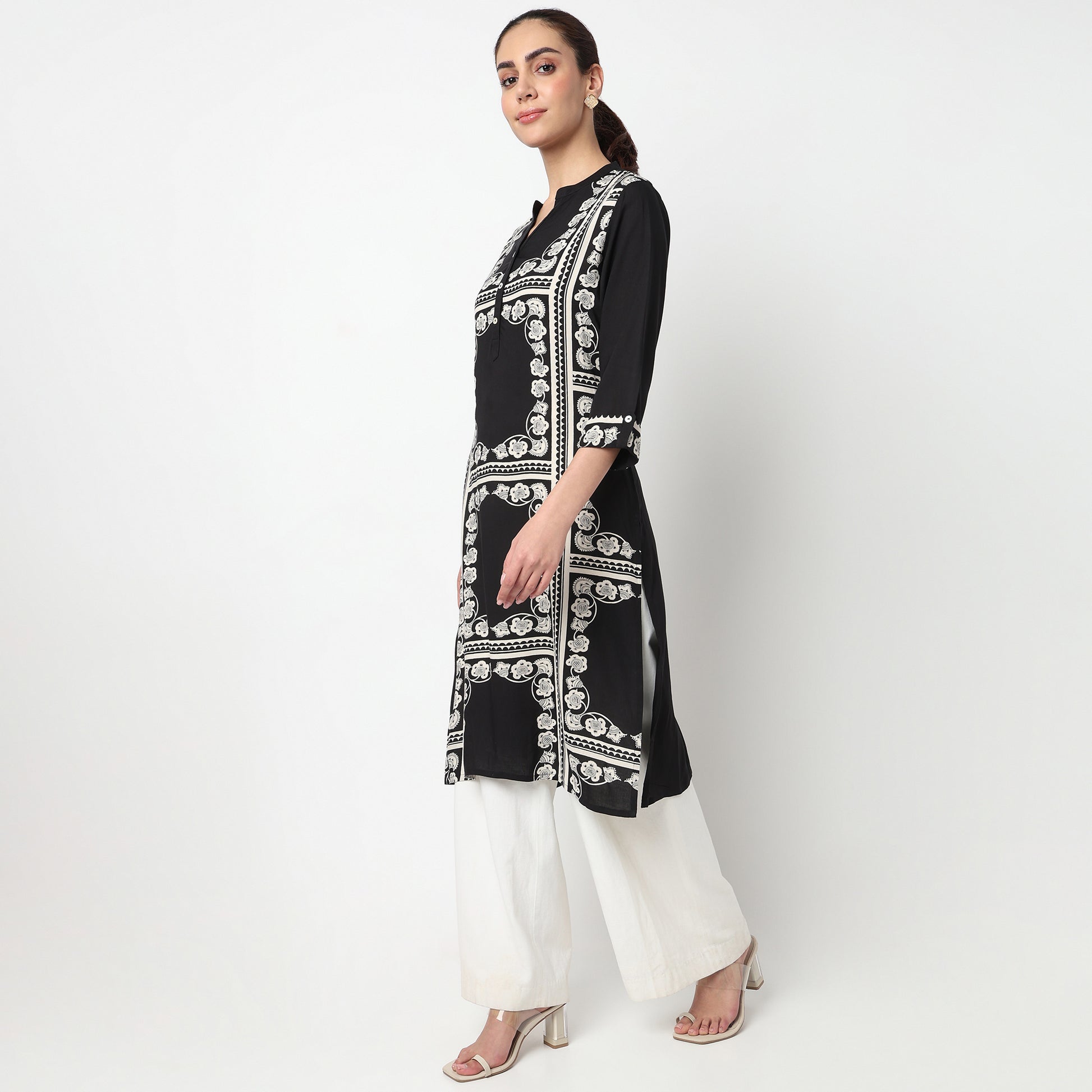 Half Placket Printed Long Kurta