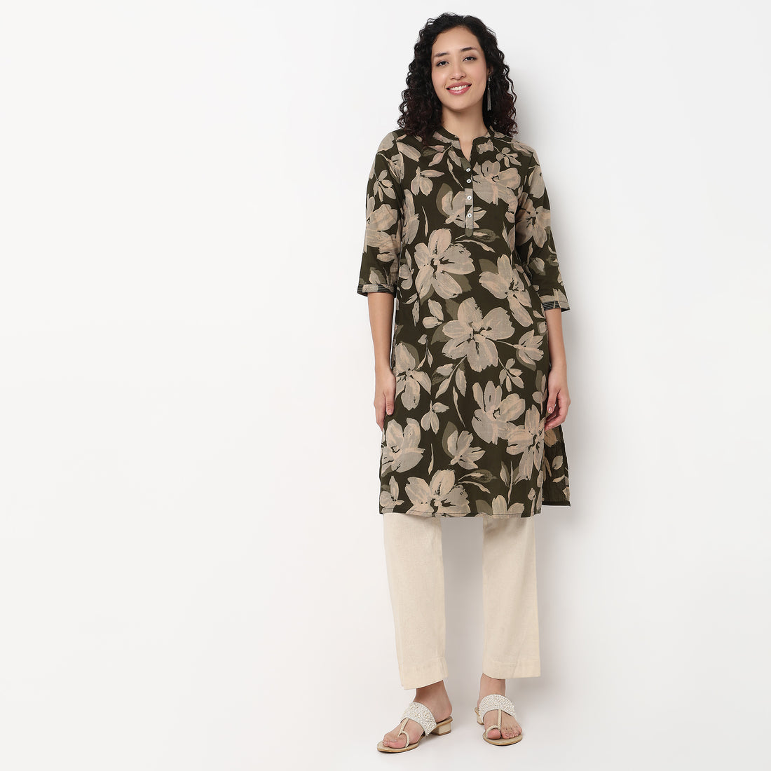 Printed Half Placket Straight Long Kurta