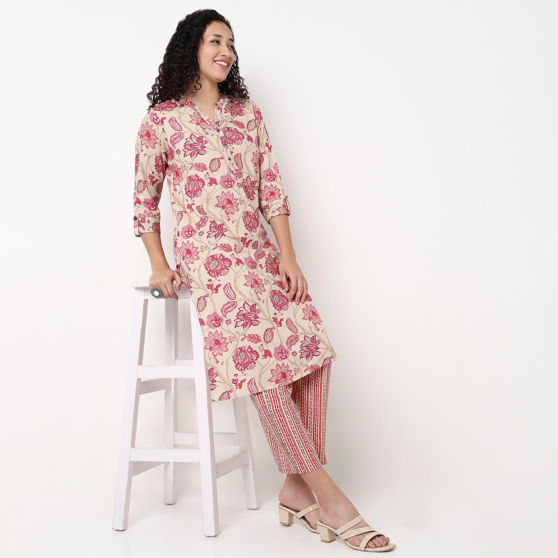 Printed Half Placket Straight Long Kurta