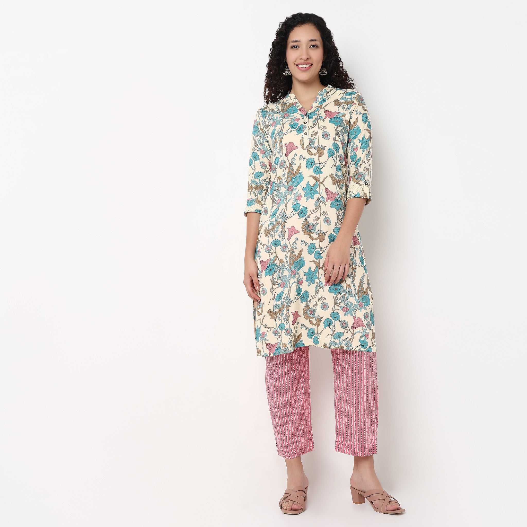 Printed Half Placket Straight Long Kurta