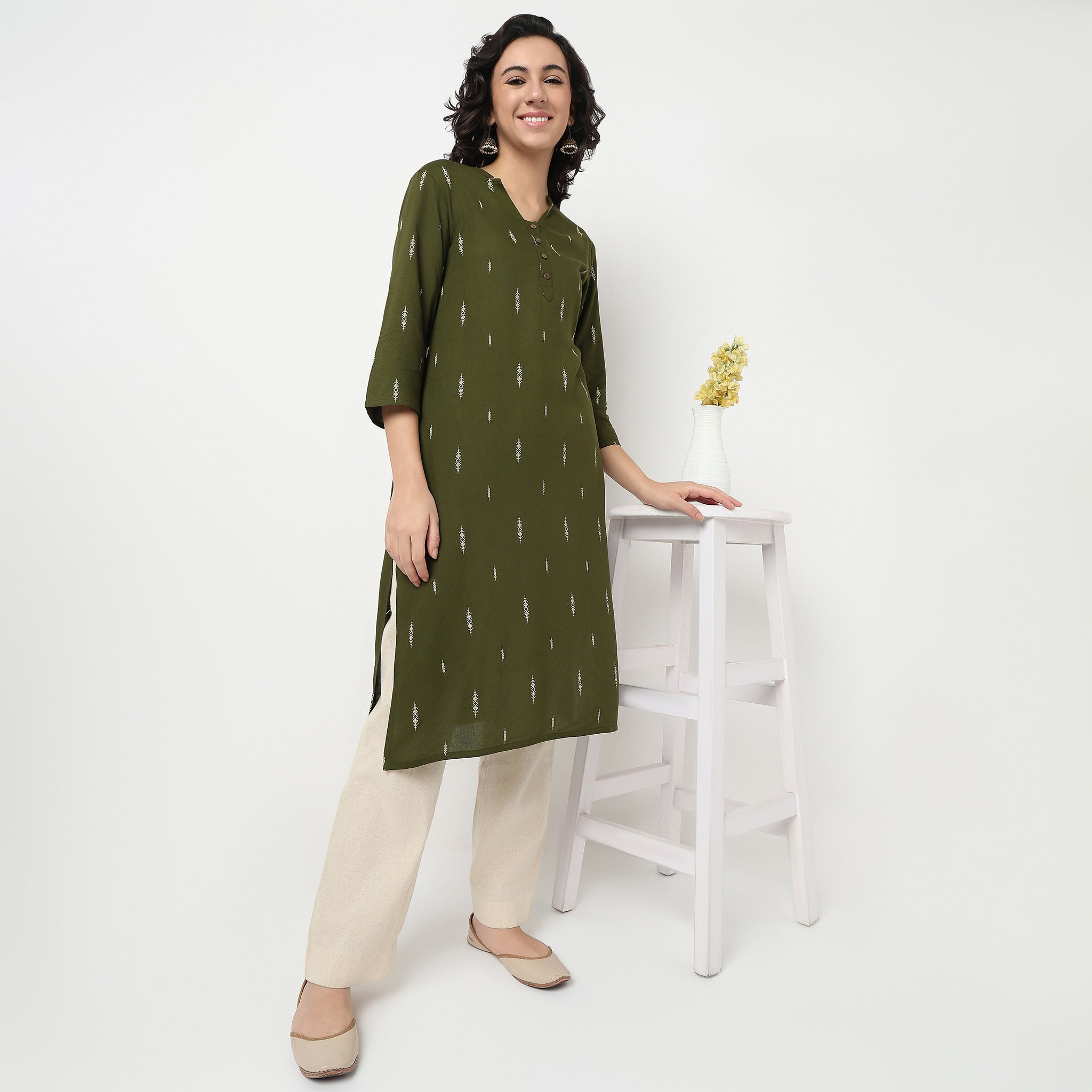 Order Now Women Printed V Neck Straight Fit Ethnic Wear Kurta by Style Union