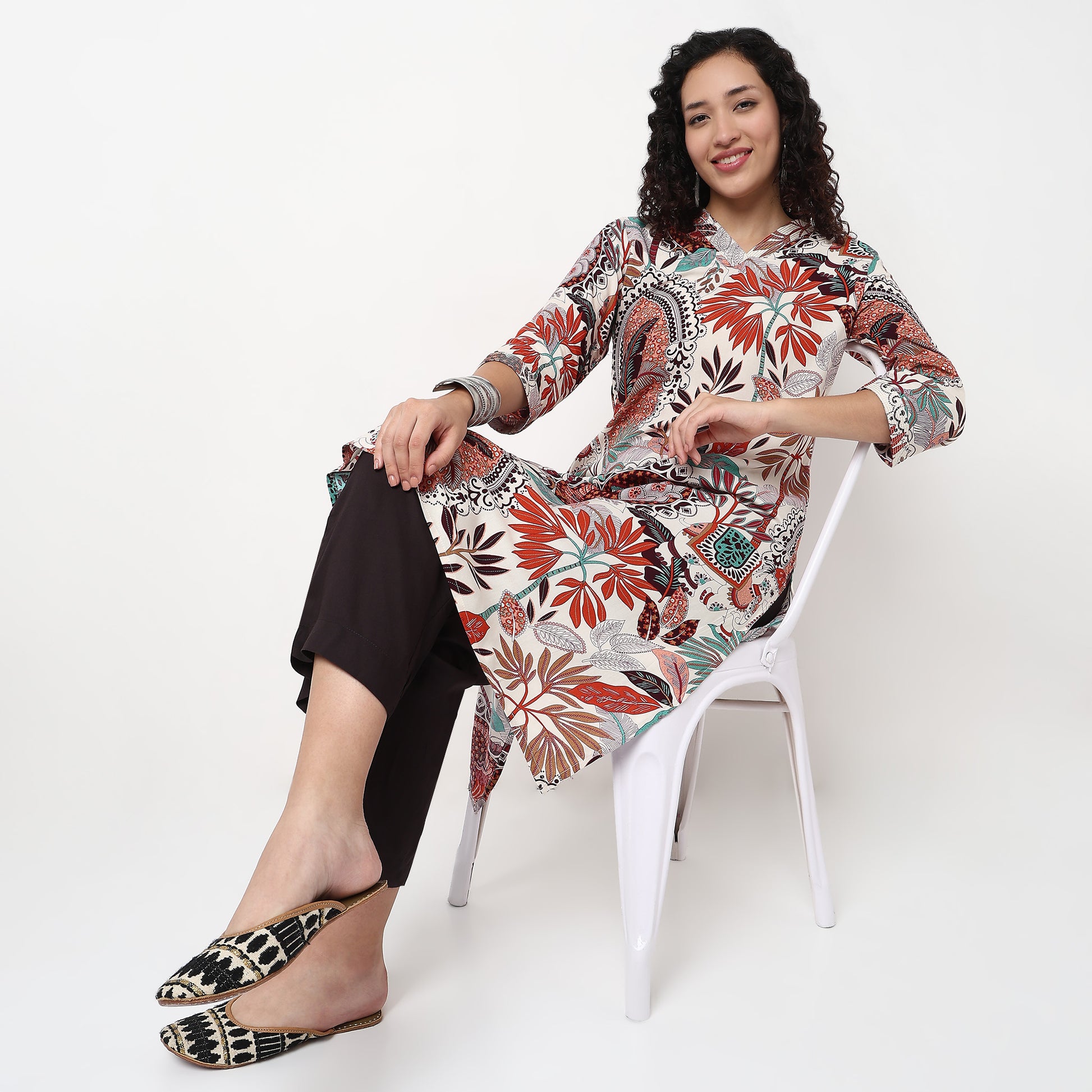 V-Neck With Couching Straight Long Kurta