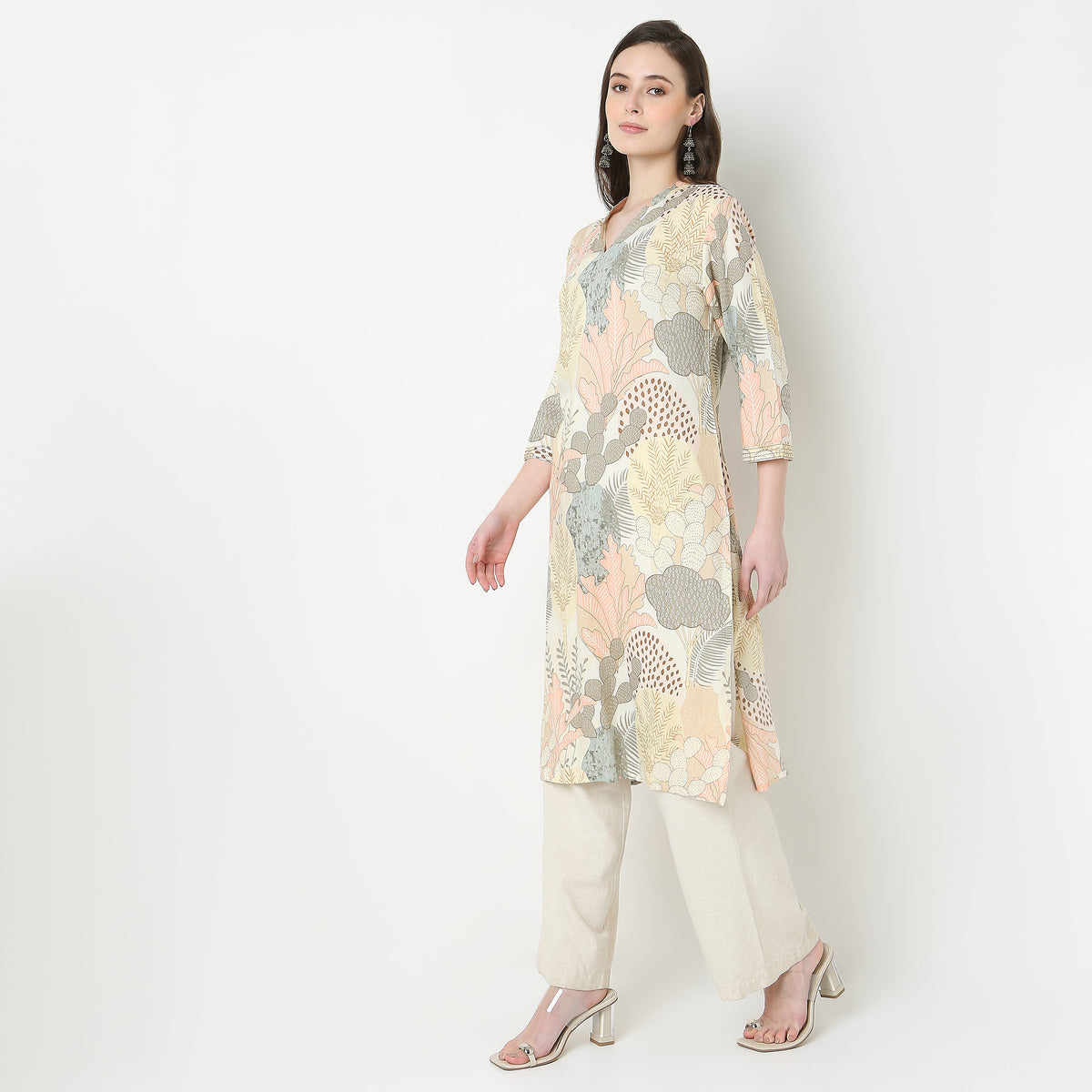 V-Neck Notch Collar Printed Kurta