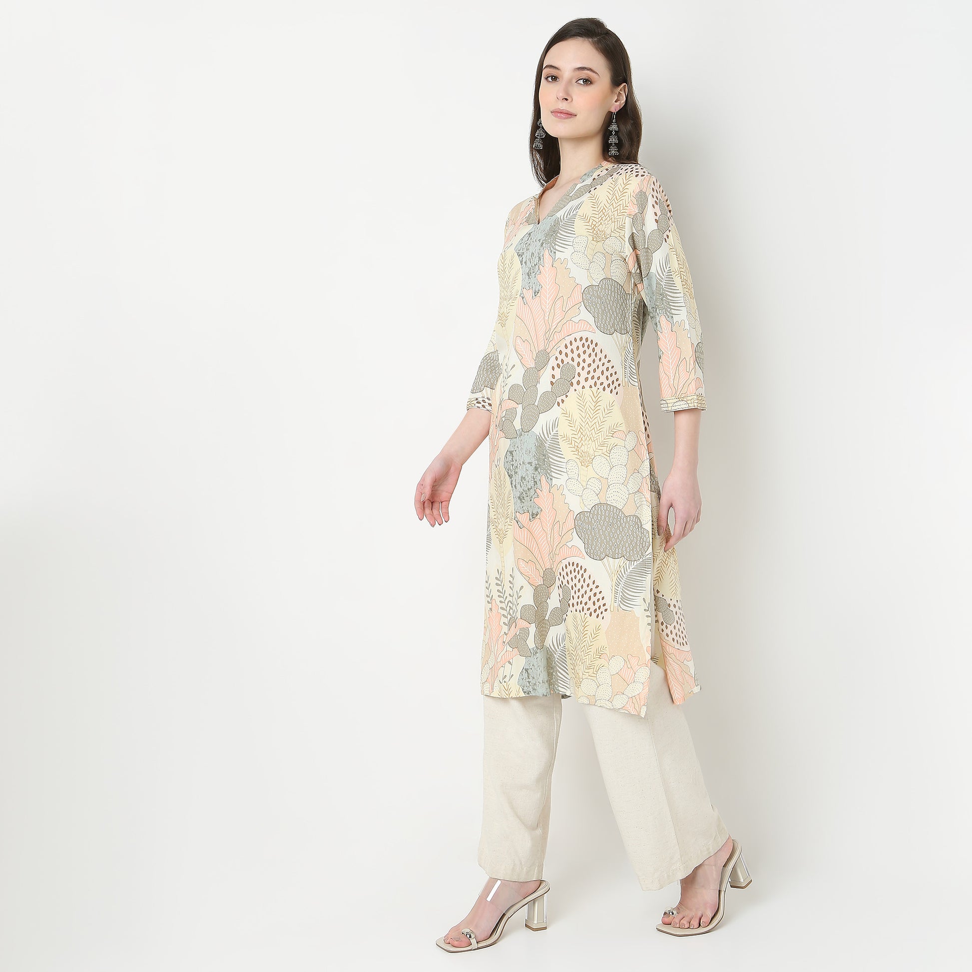 V-Neck Notch Collar Printed Kurta