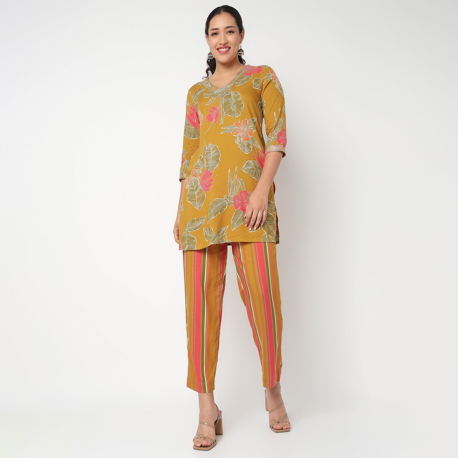 Floral Print Mid Length Cord Kurta