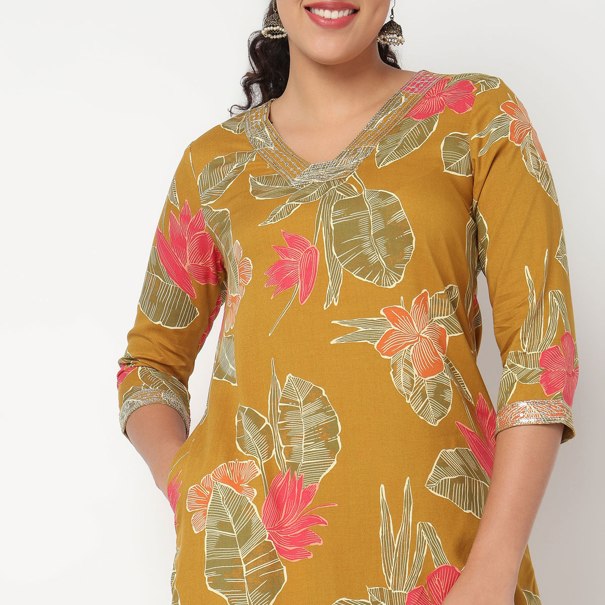 Floral Print Mid Length Cord Kurta