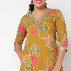 Floral Print Mid Length Cord Kurta