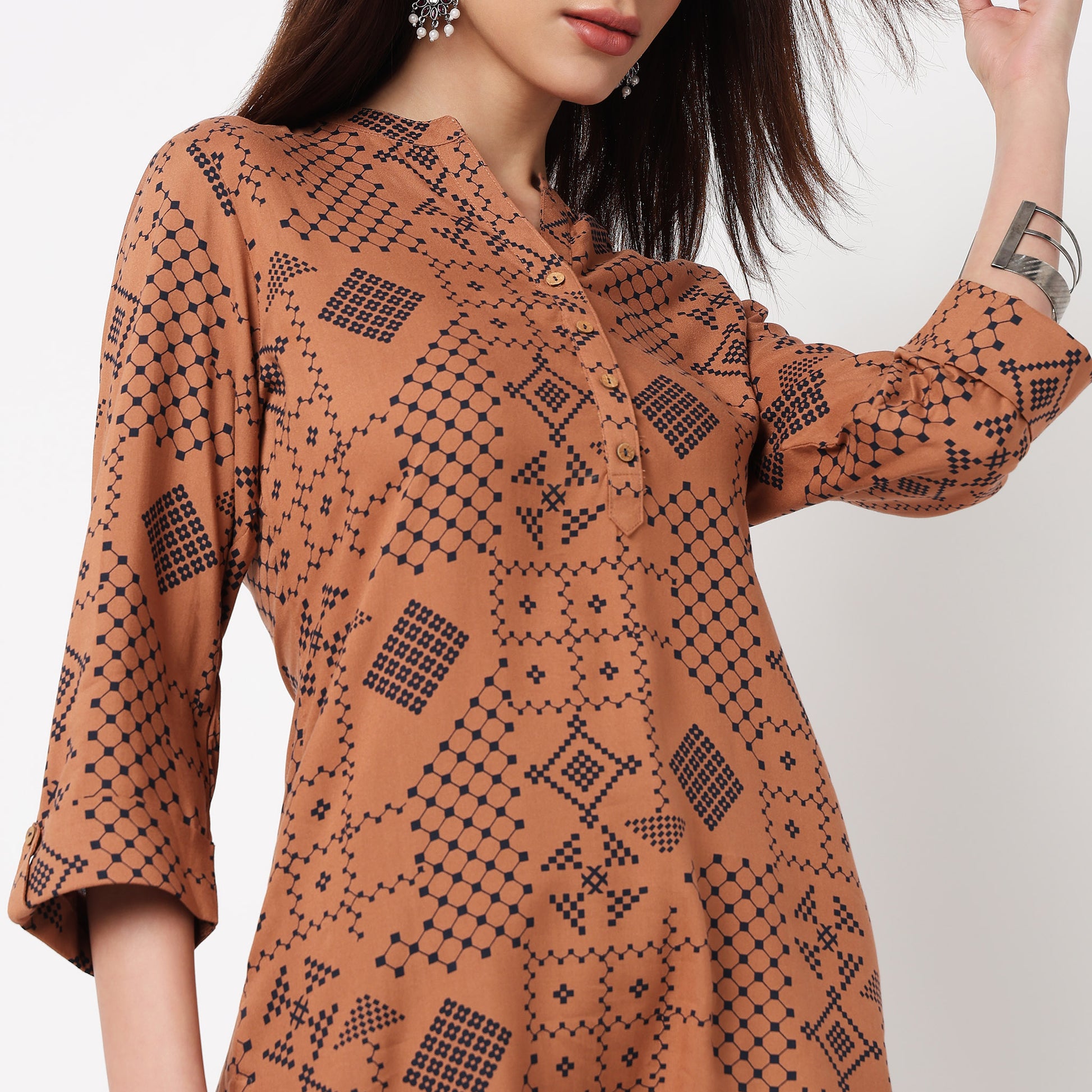Half Placket Printed Short Kurta 