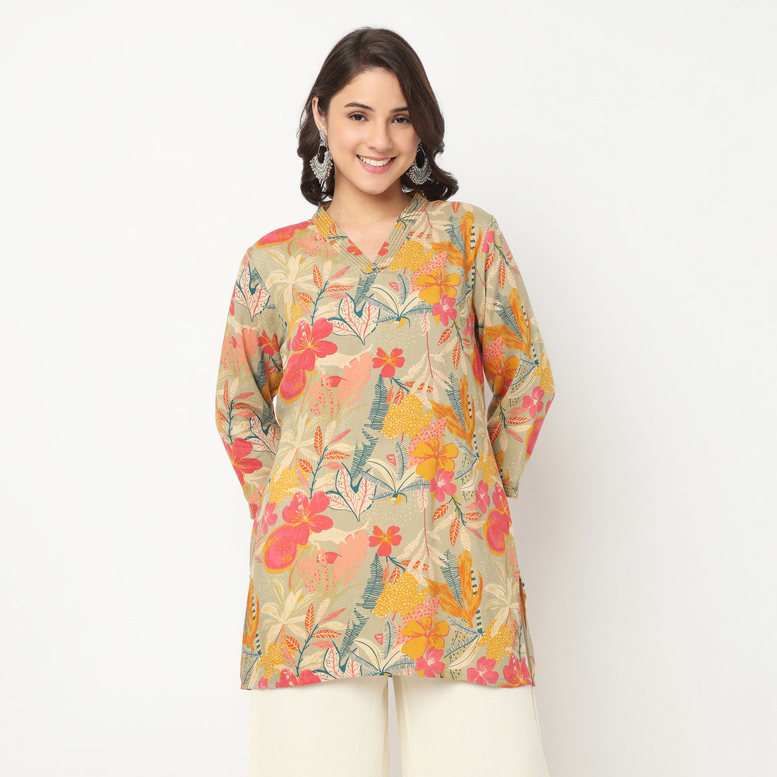 V-Neck Printed Couching Short Kurta