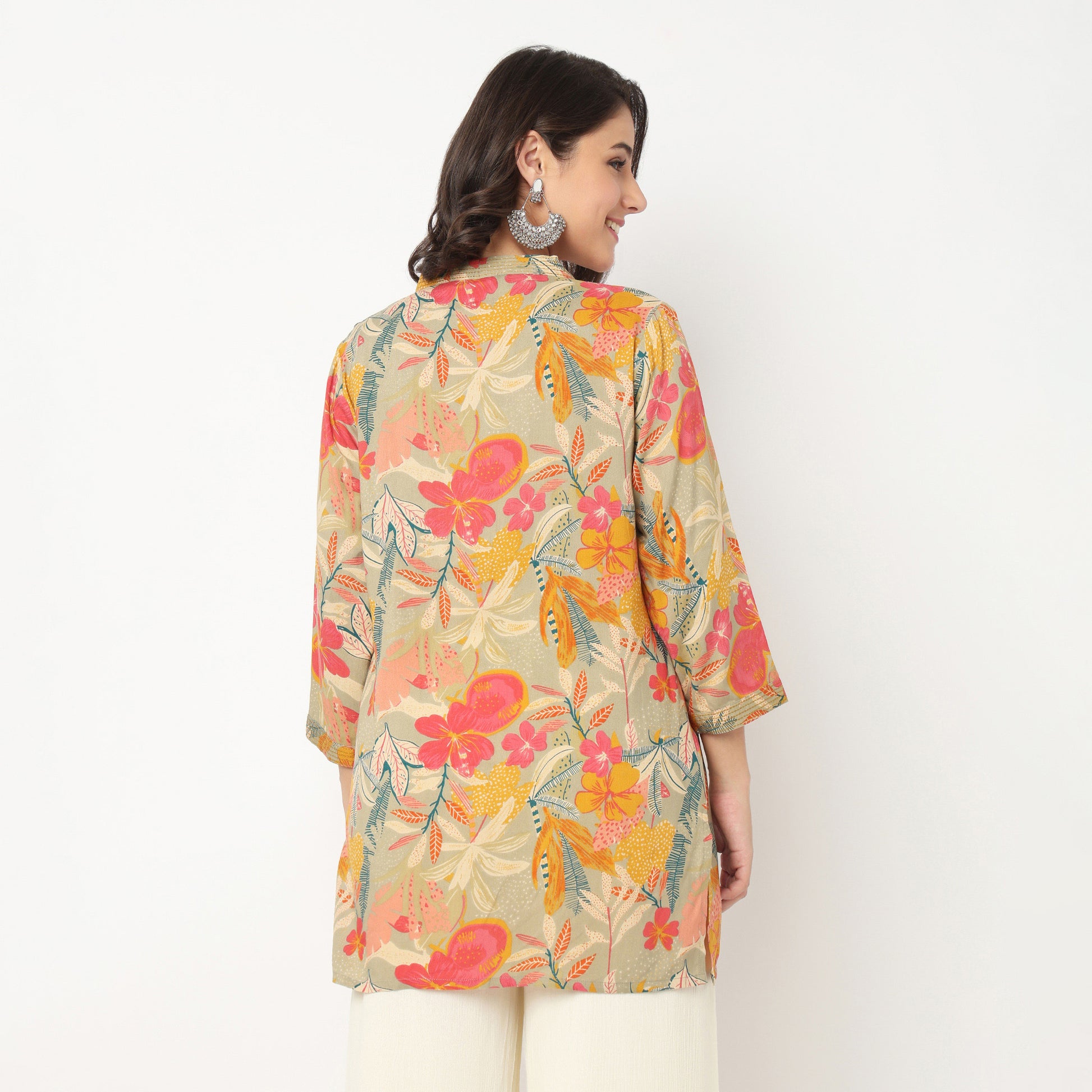 V-Neck Printed Couching Short Kurta