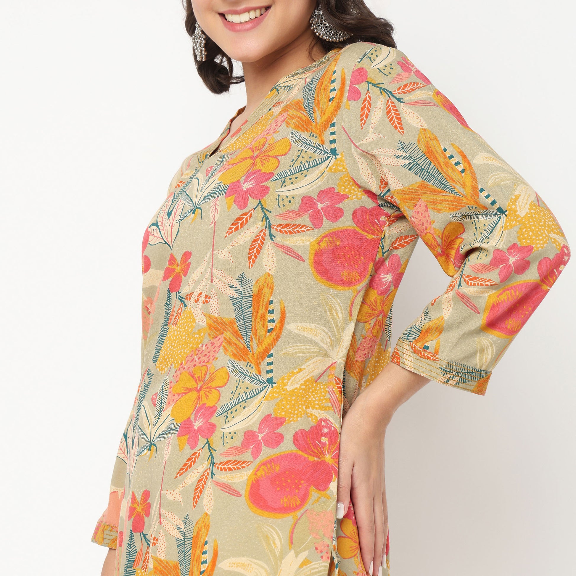 V-Neck Printed Couching Short Kurta