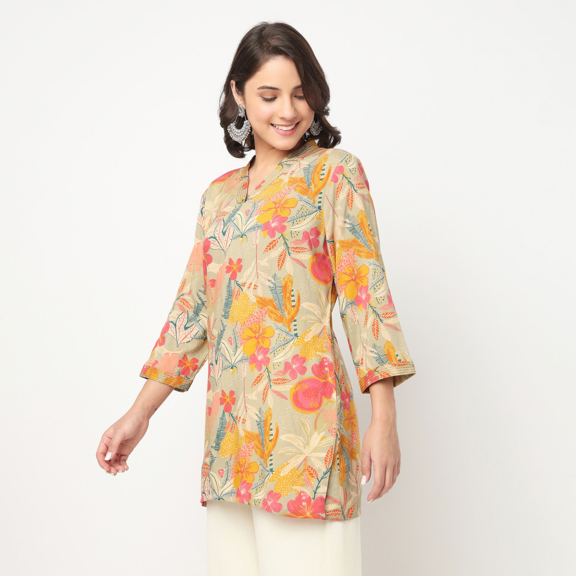 V-Neck Printed Couching Short Kurta
