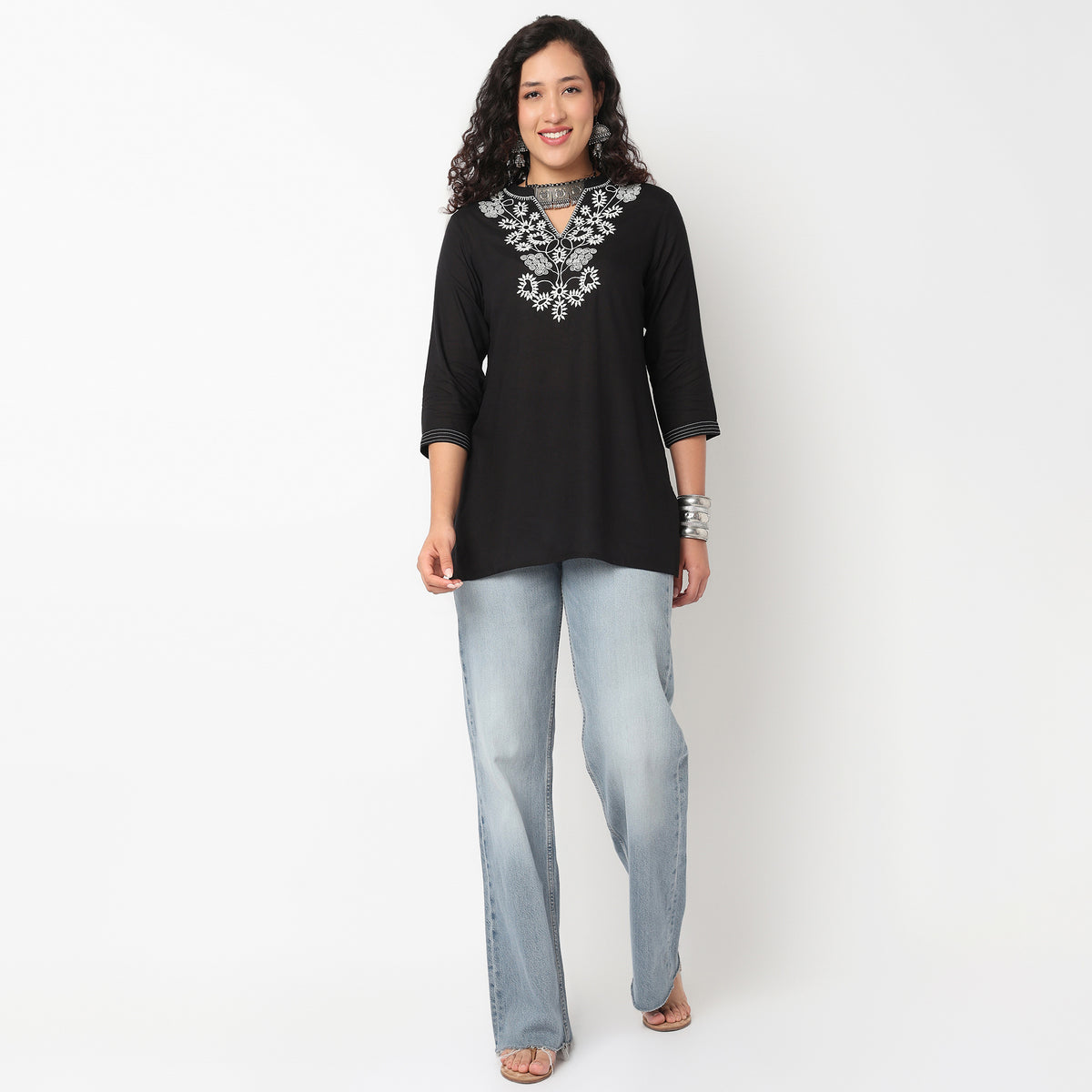 Embroidered V Neck Short Kurti