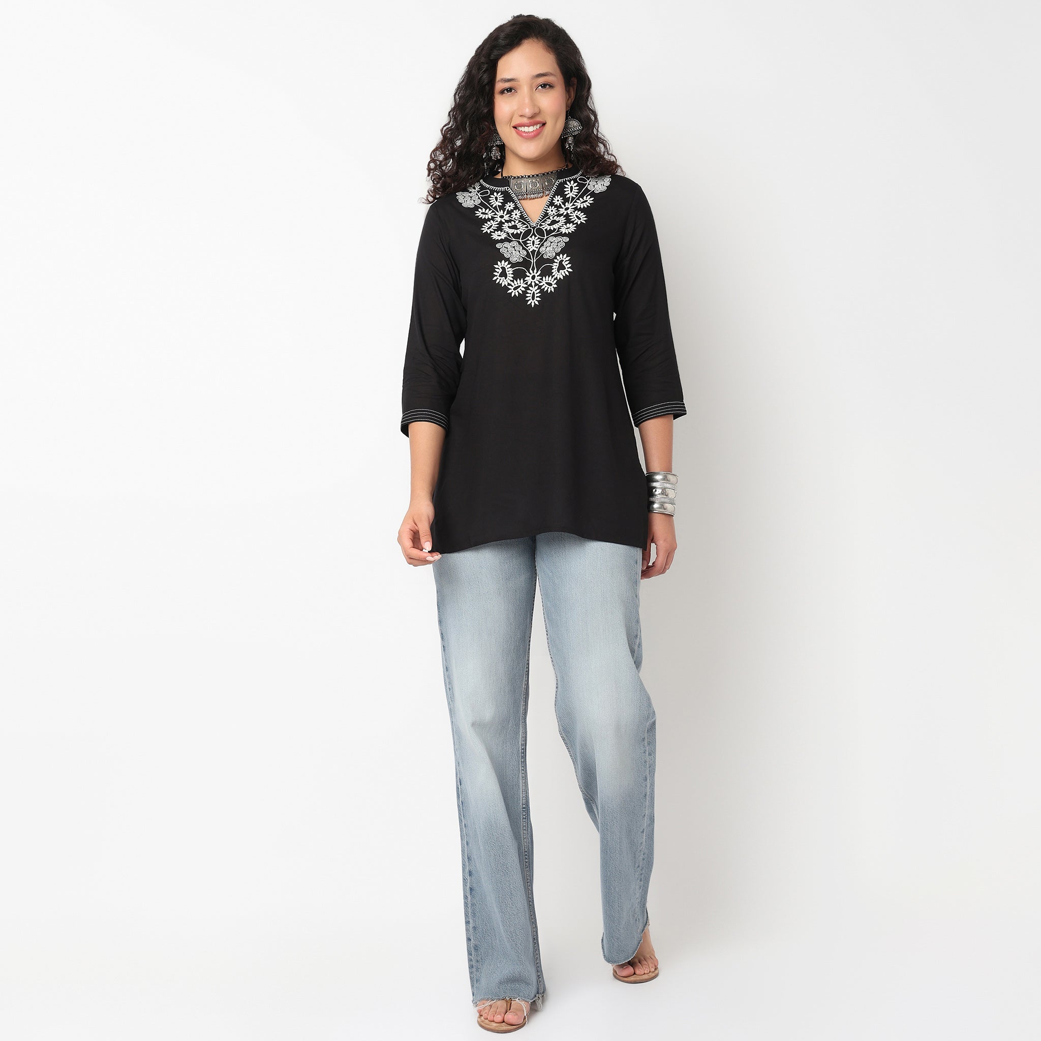 Embroidered V Neck Short Kurti