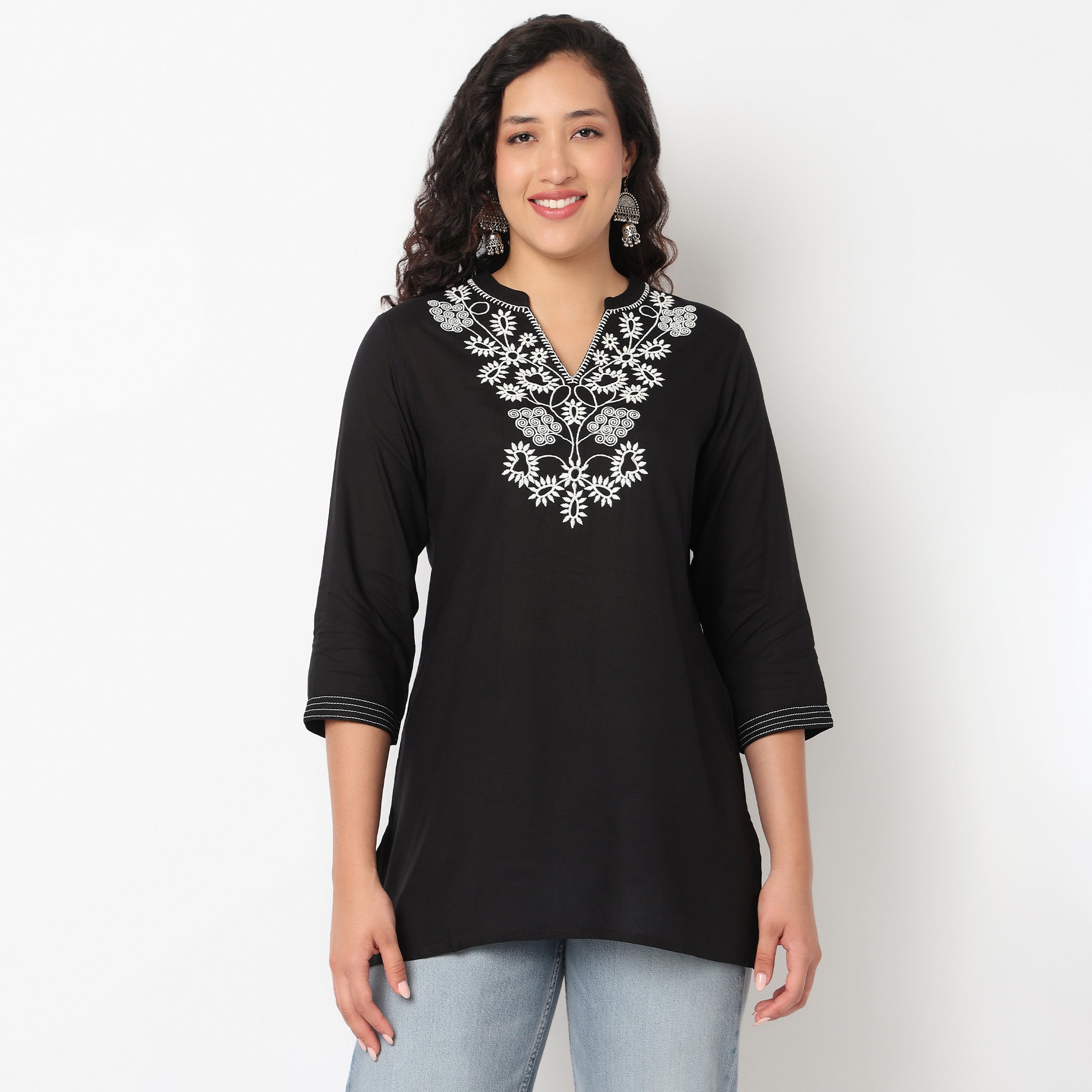 Embroidered V Neck Short Kurti