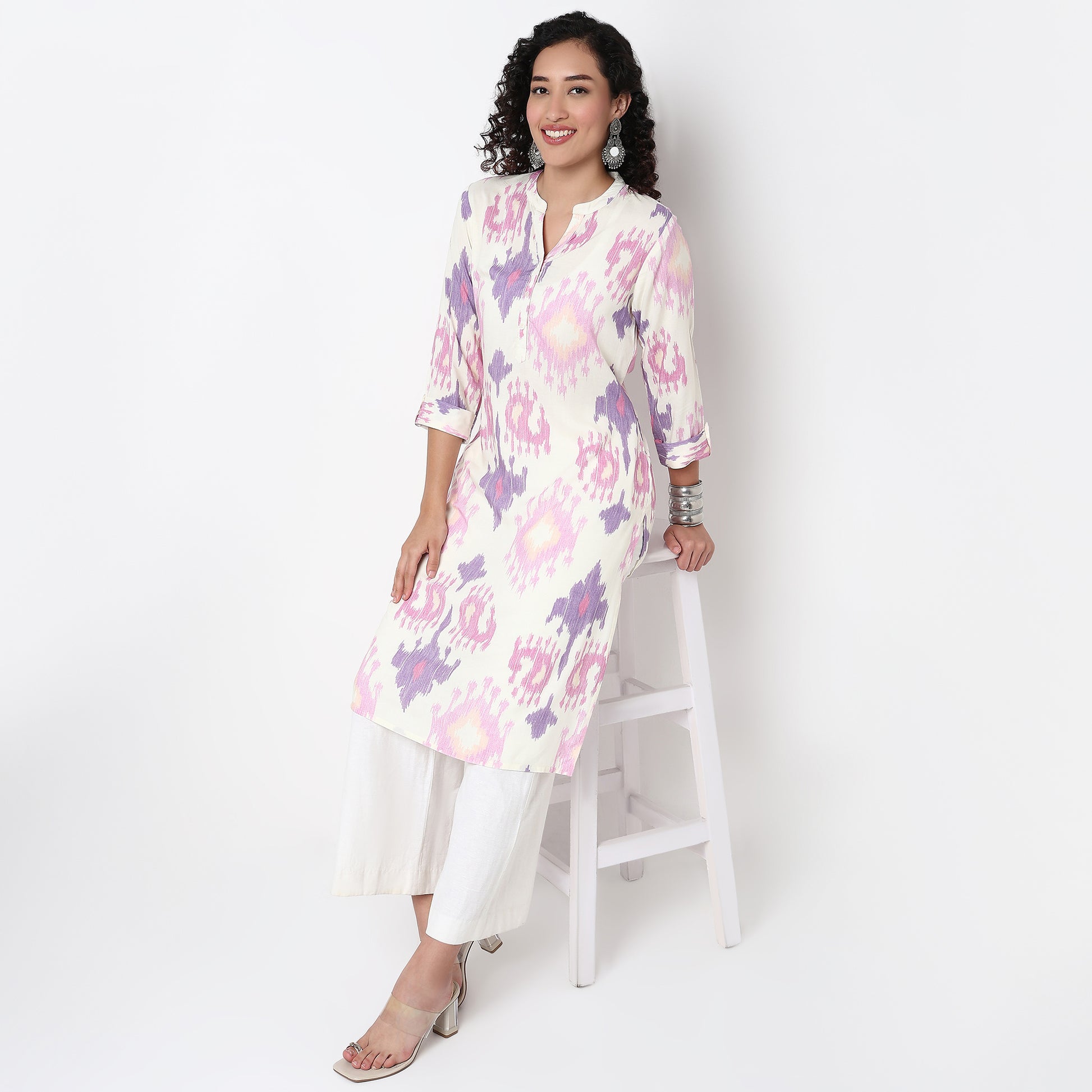 Printed Band Neck Straight Half Placket Kurta