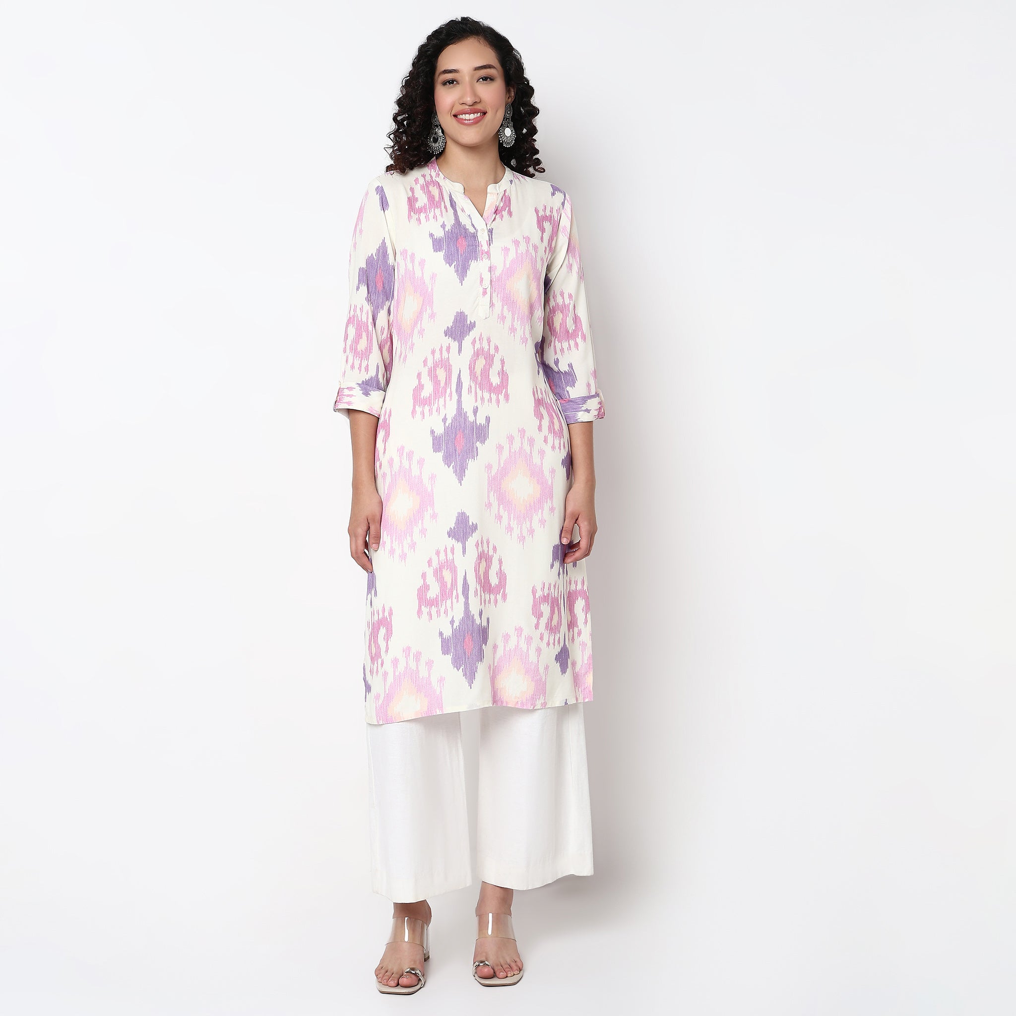 Printed Band Neck Straight Half Placket Kurta